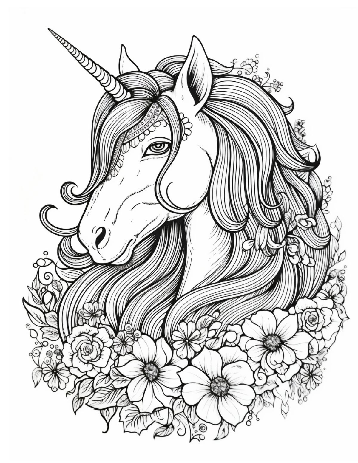 fancy detailed unicorn head with flowers