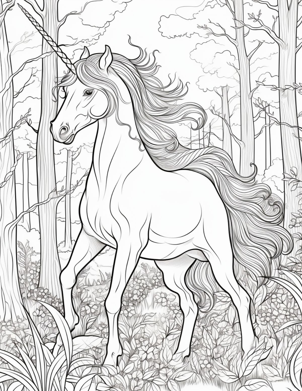 detailed coloring sheet unicorn in woods