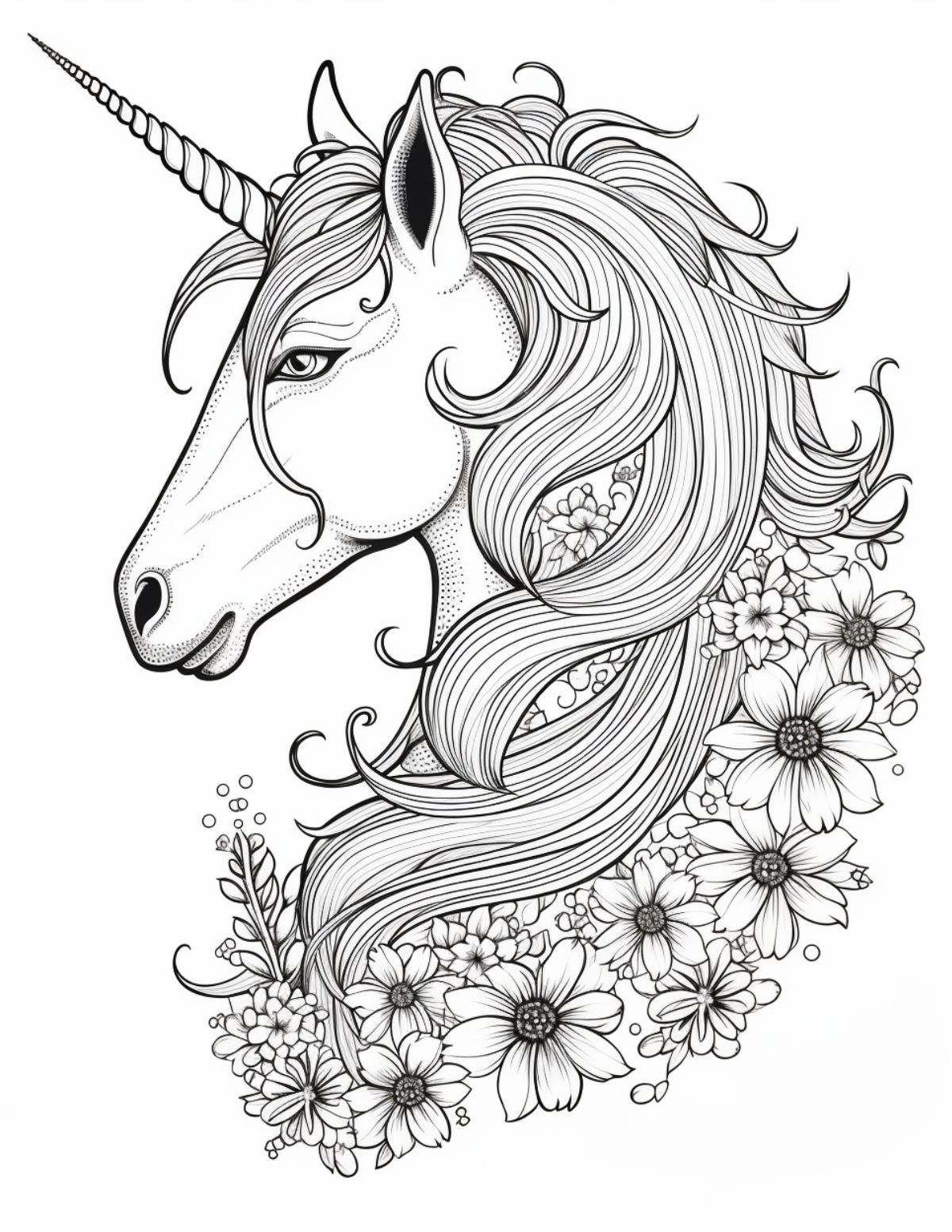 unicorn head with flowers around edge
