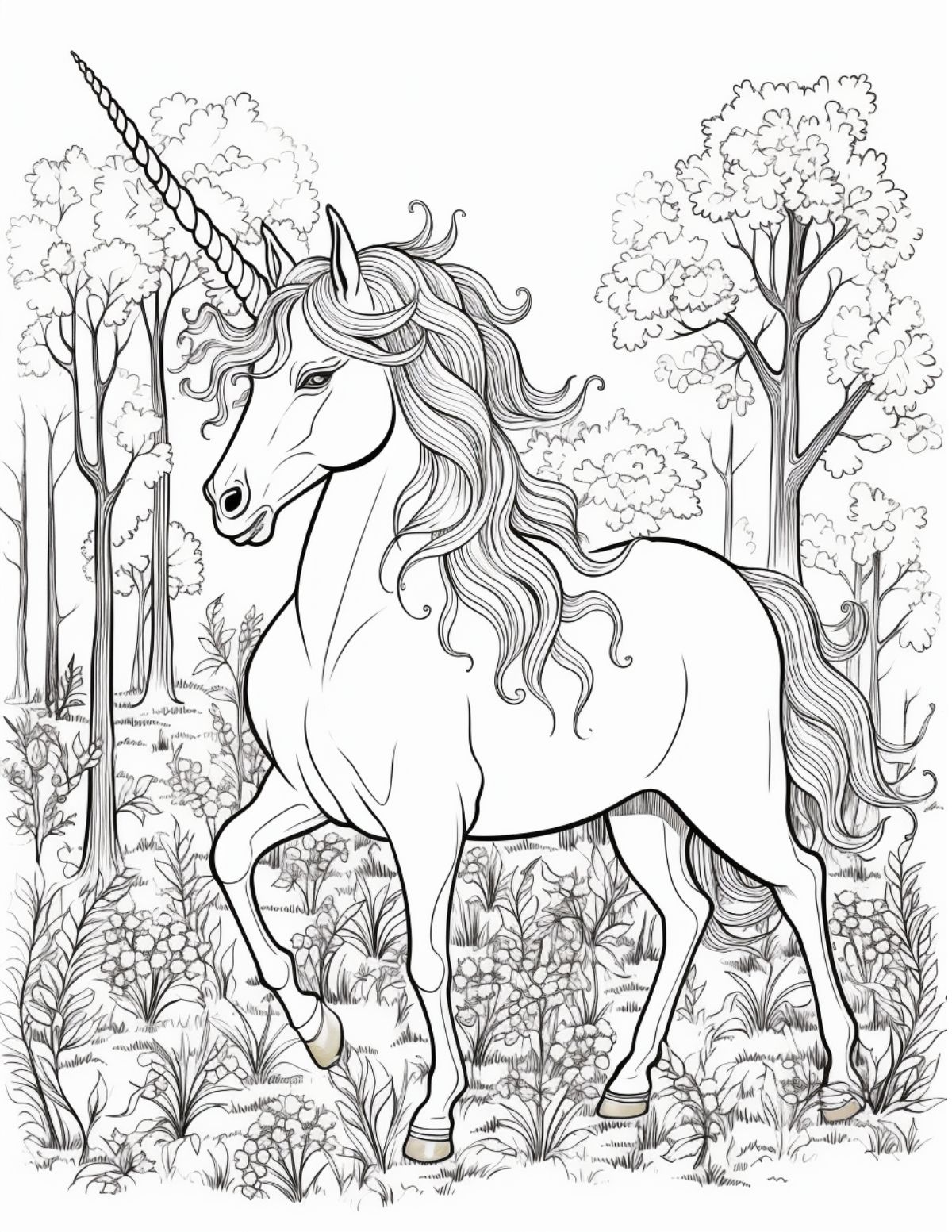 detailed unicorn in wooded scene