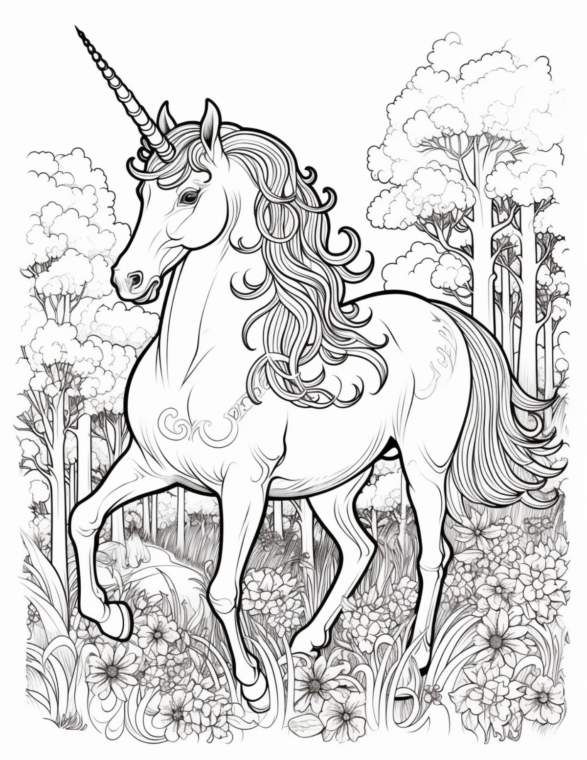 unicorn playing in nature with flowers