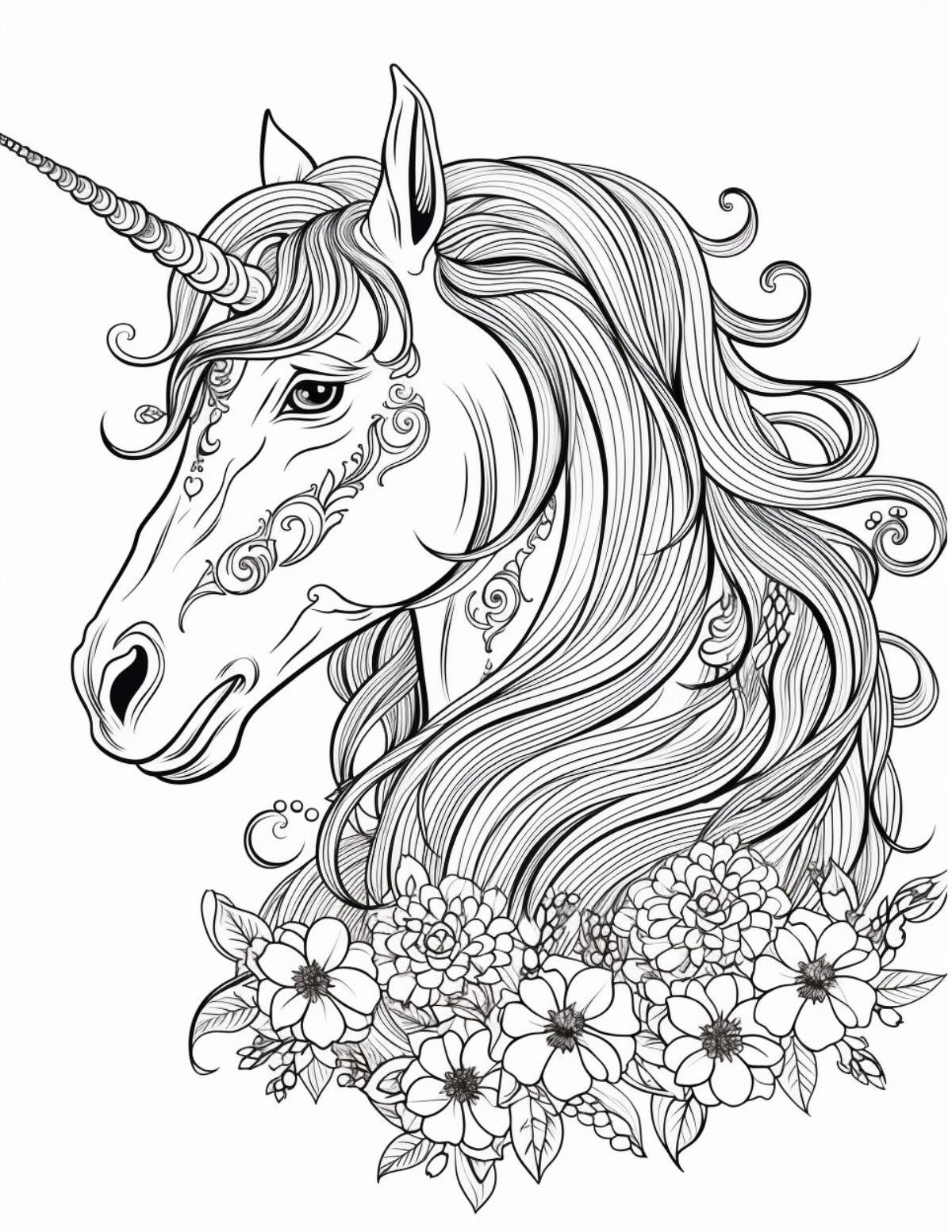 unicorn head highly detailed with flowers along bottom