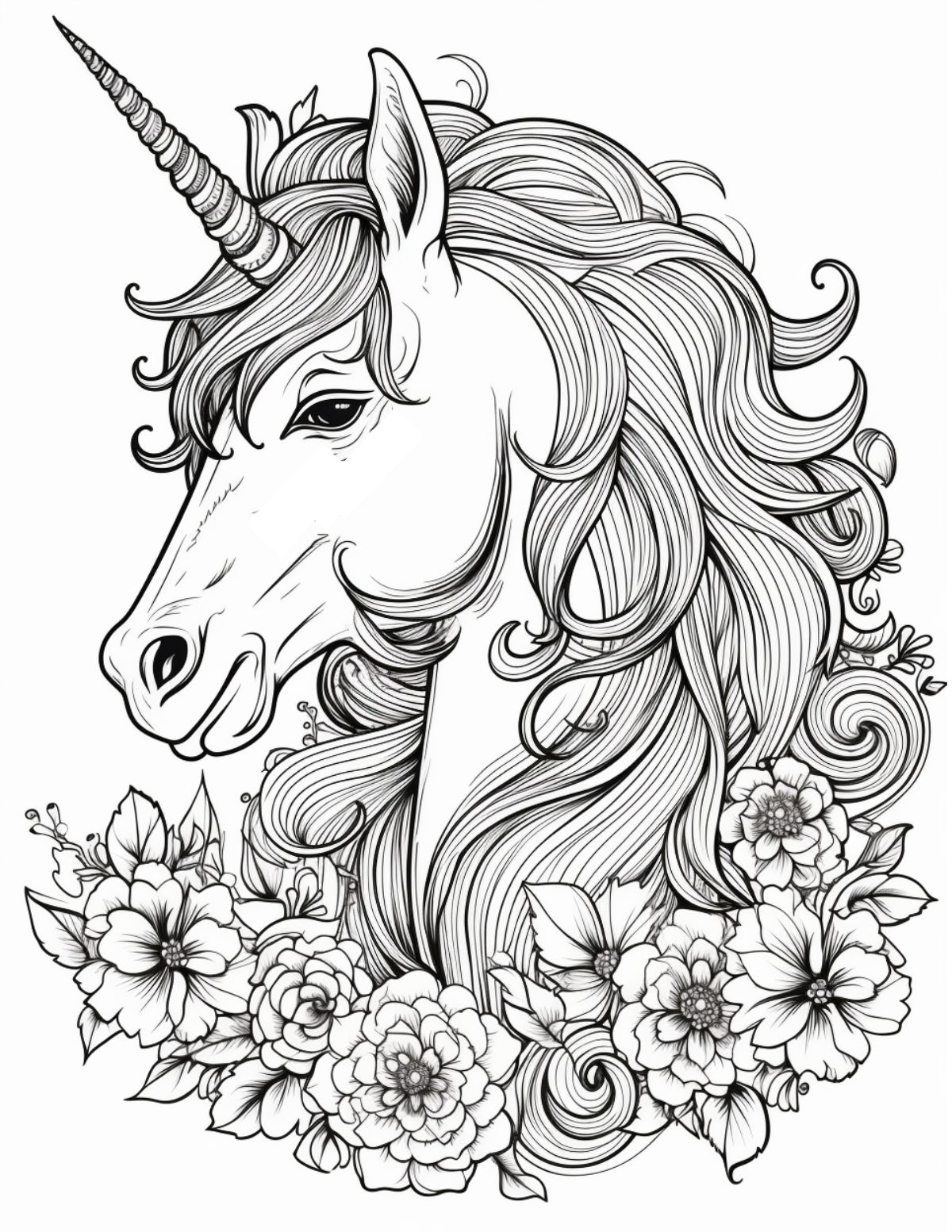 black and white unicorn coloring page