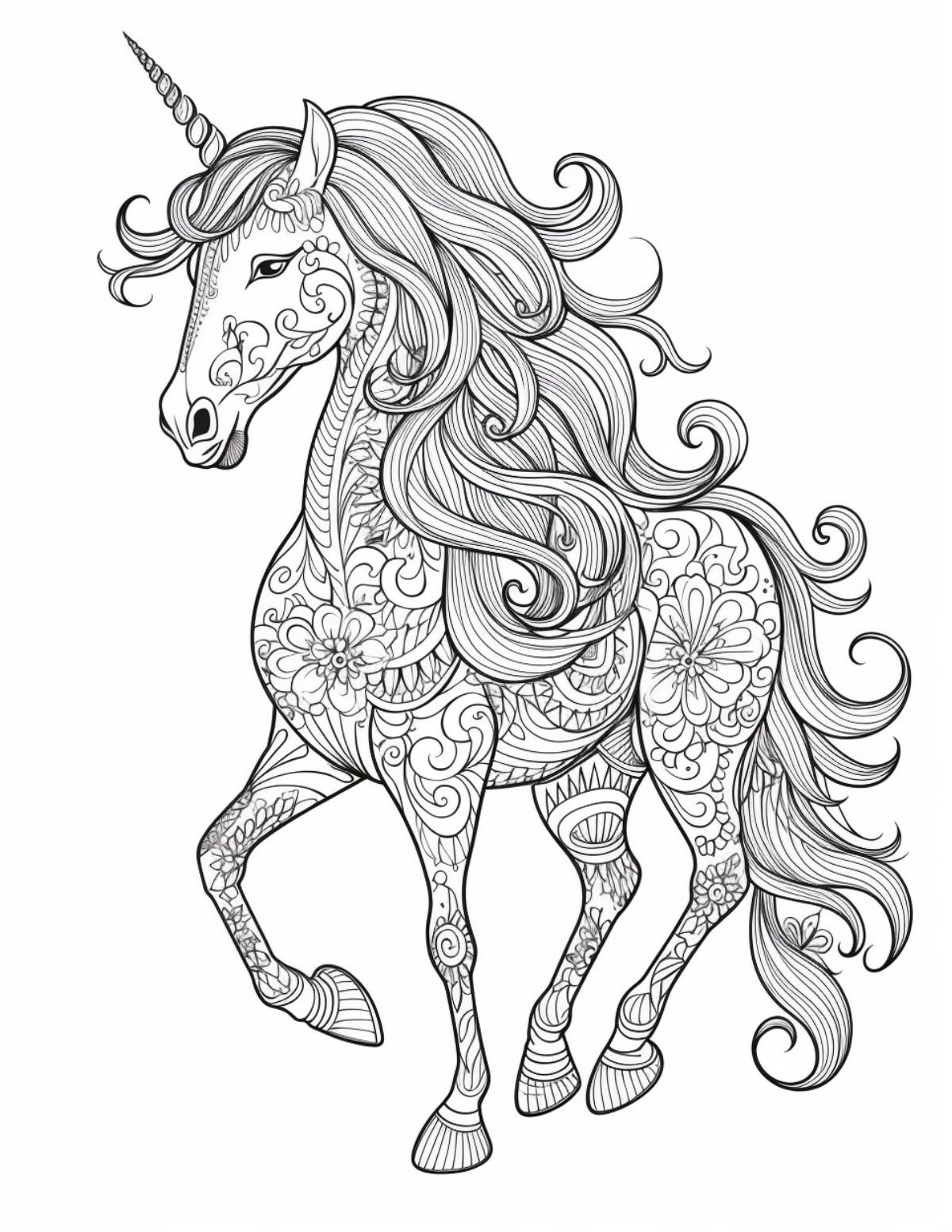 prancing detailed uncorn with flowing hair and zentangle body