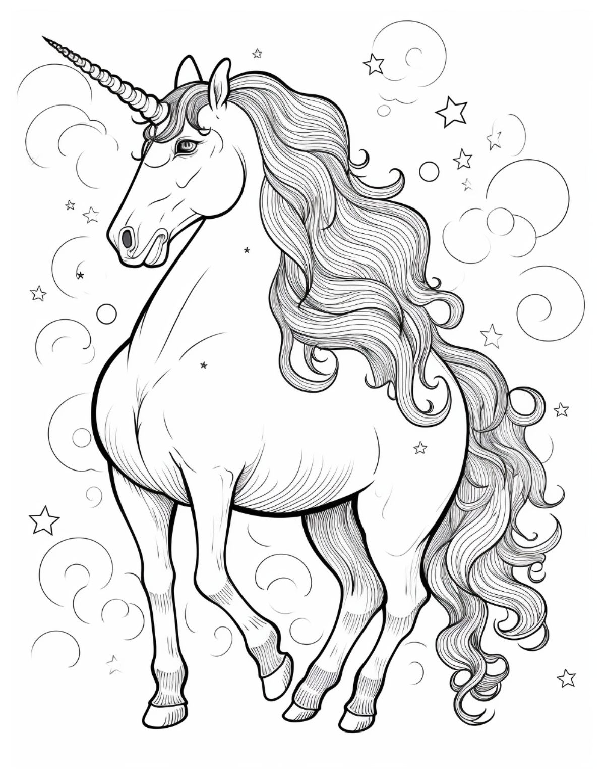 standing unicorn with stars and swirls in background