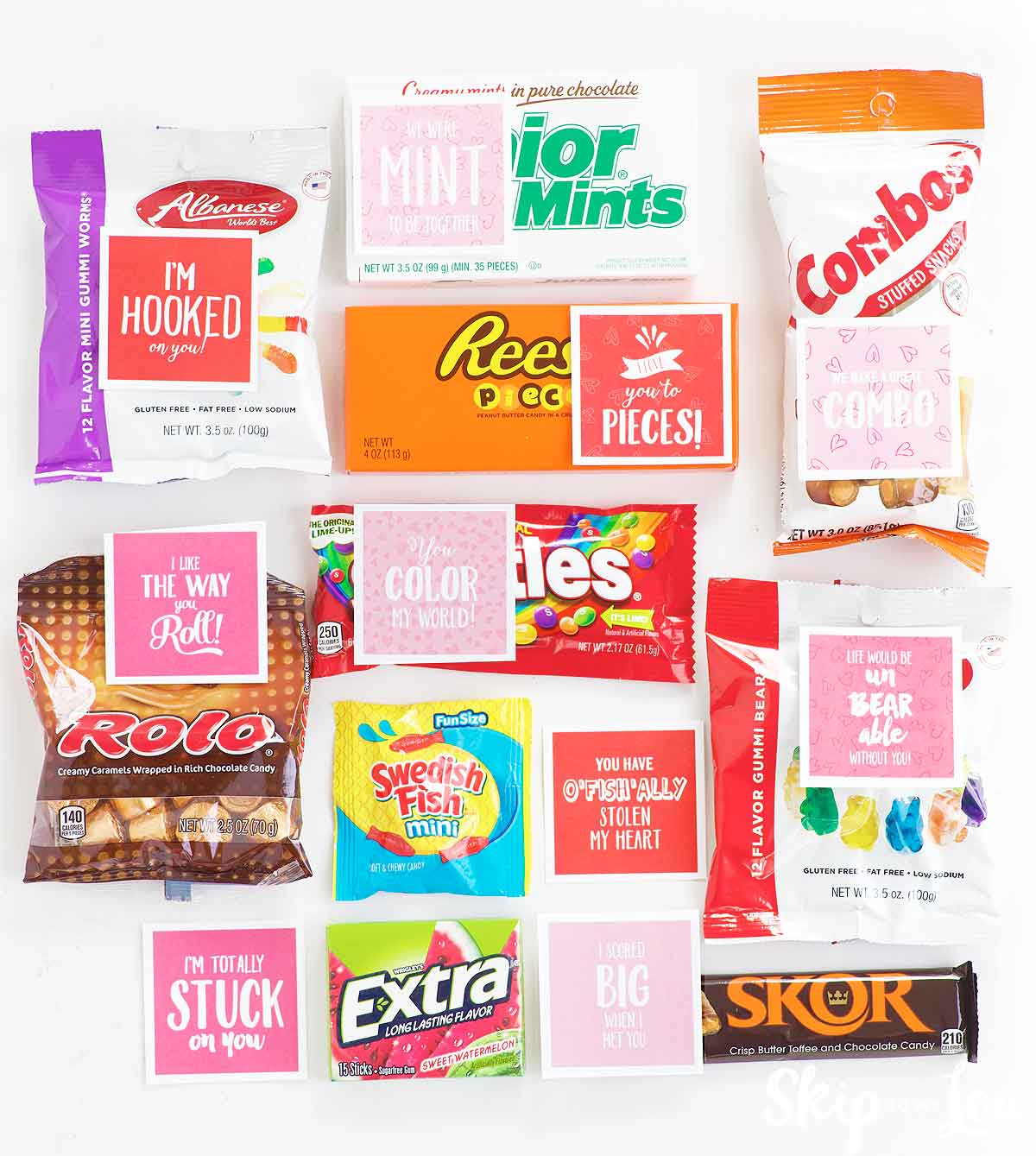 candy with candy pun tags attached to each one