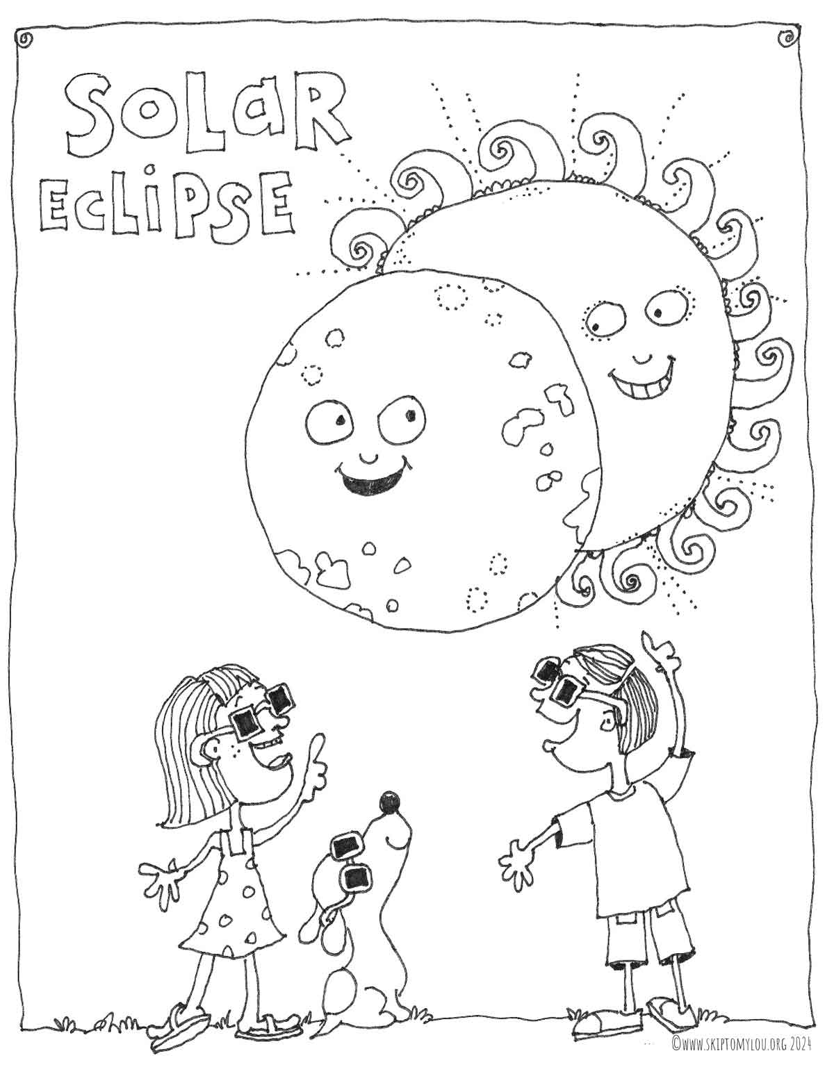 solar eclipse coloring page two kids and dog wearing special glasses looking at the sun and moon
