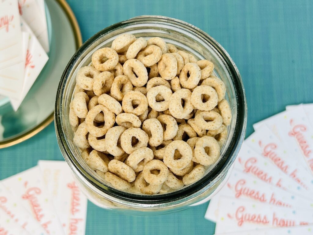 top view of cheerios in a quart mason jar for the guess how many in the jar game
