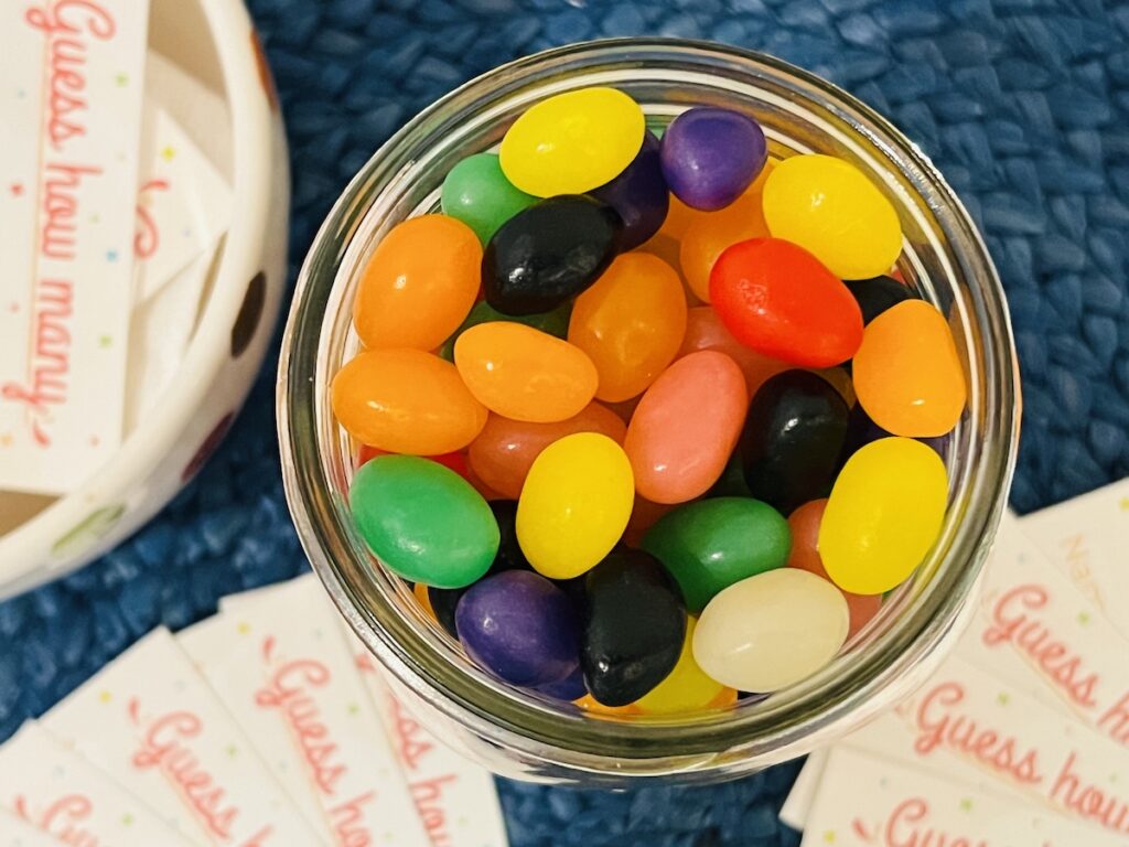 top view of jelly beans in a quart mason jar for the guess how many in the jar game