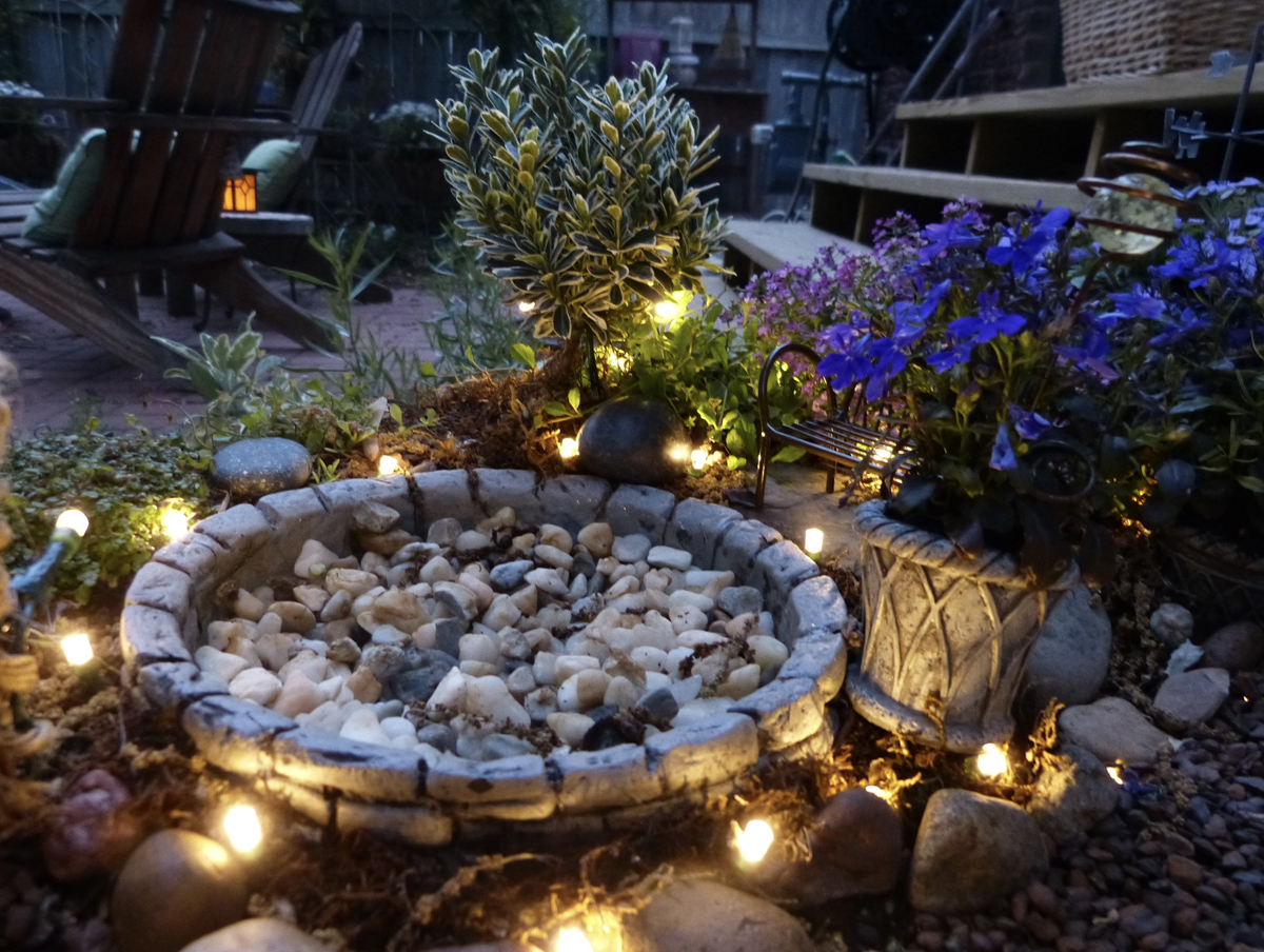 A magical fairy garden at night which includes a bench, pebbles, small trees, and flowers of various kinds, all lit up by fairy lights. 