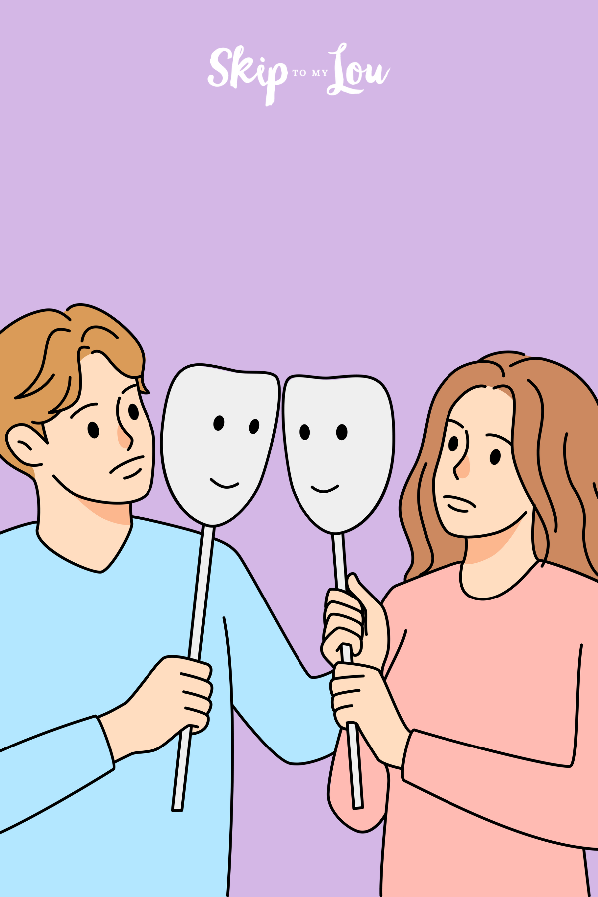 Image shows a man and a woman in front of each other, both holding a smiling teather mask.