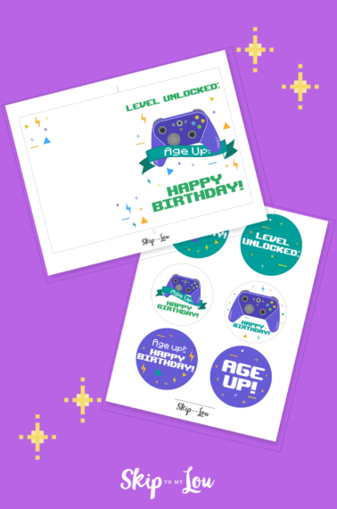 Two printable "happy birthday gamer cards" and tags to add to a gift, on top of a purple background.