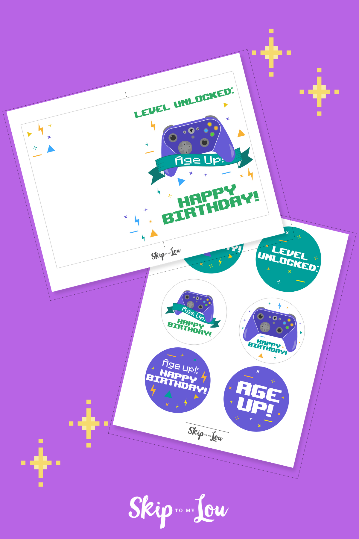 Two printable "happy birthday gamer cards" and tags to add to a gift, on top of a purple background.