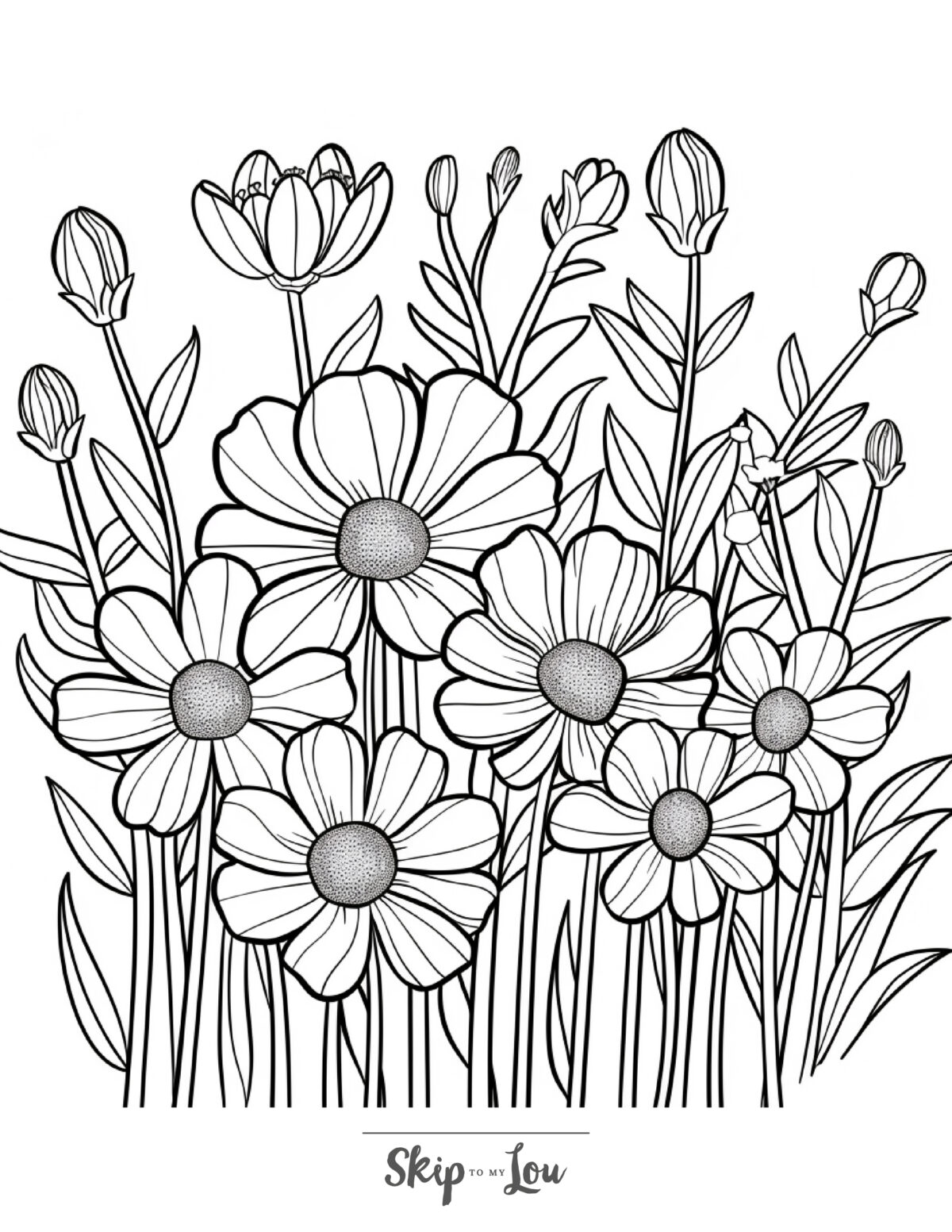 Skip to my Lou - Garden Coloring Pages - Line picture of an assortment of beatiful garden flowers.
