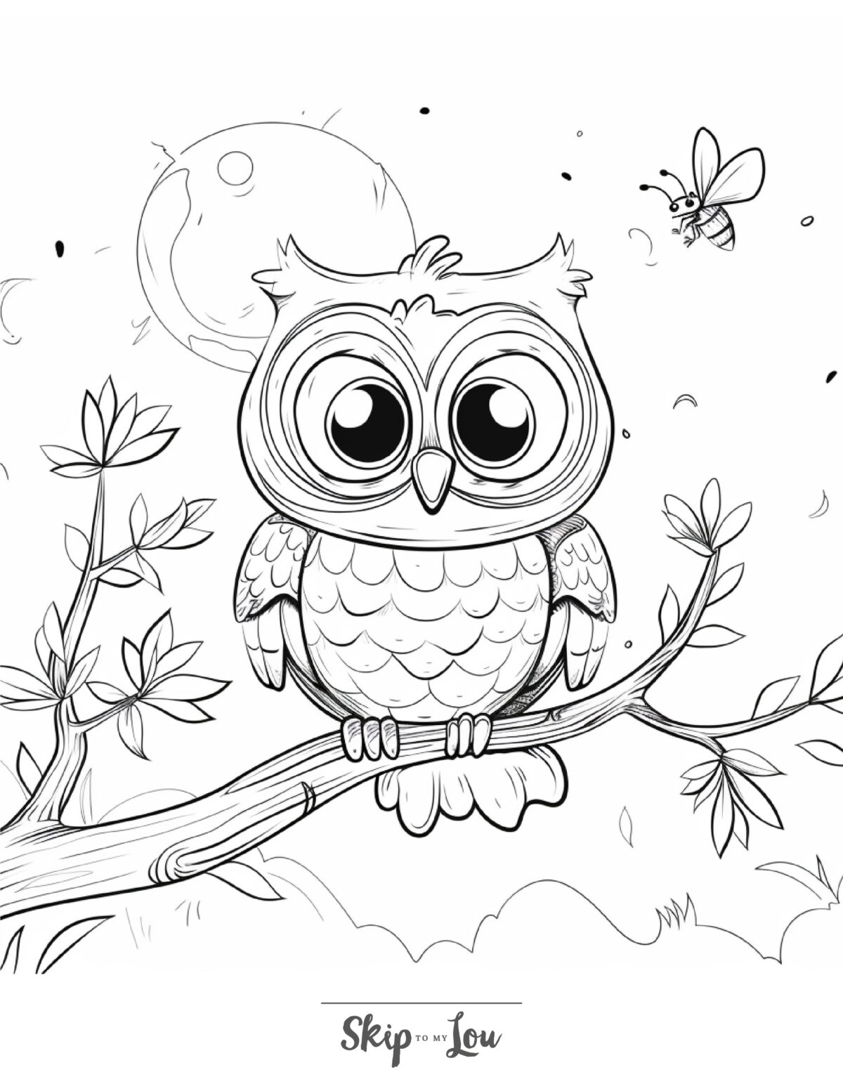 Skip to my Lou - Garden Coloring Pages - Line picture of an owl with big open eyes sitting on a branch in a garden at night with a bee buzzing around him.