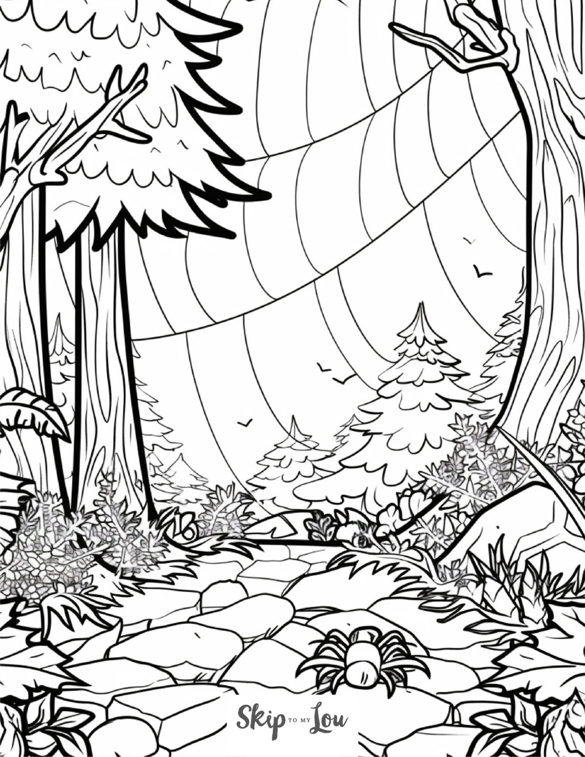 Skip to my Lou - Garden Coloring Pages - Line picture of a spooky old garden with a spider web hanging between to trees and a spider walking on cobblestones in the foreground.