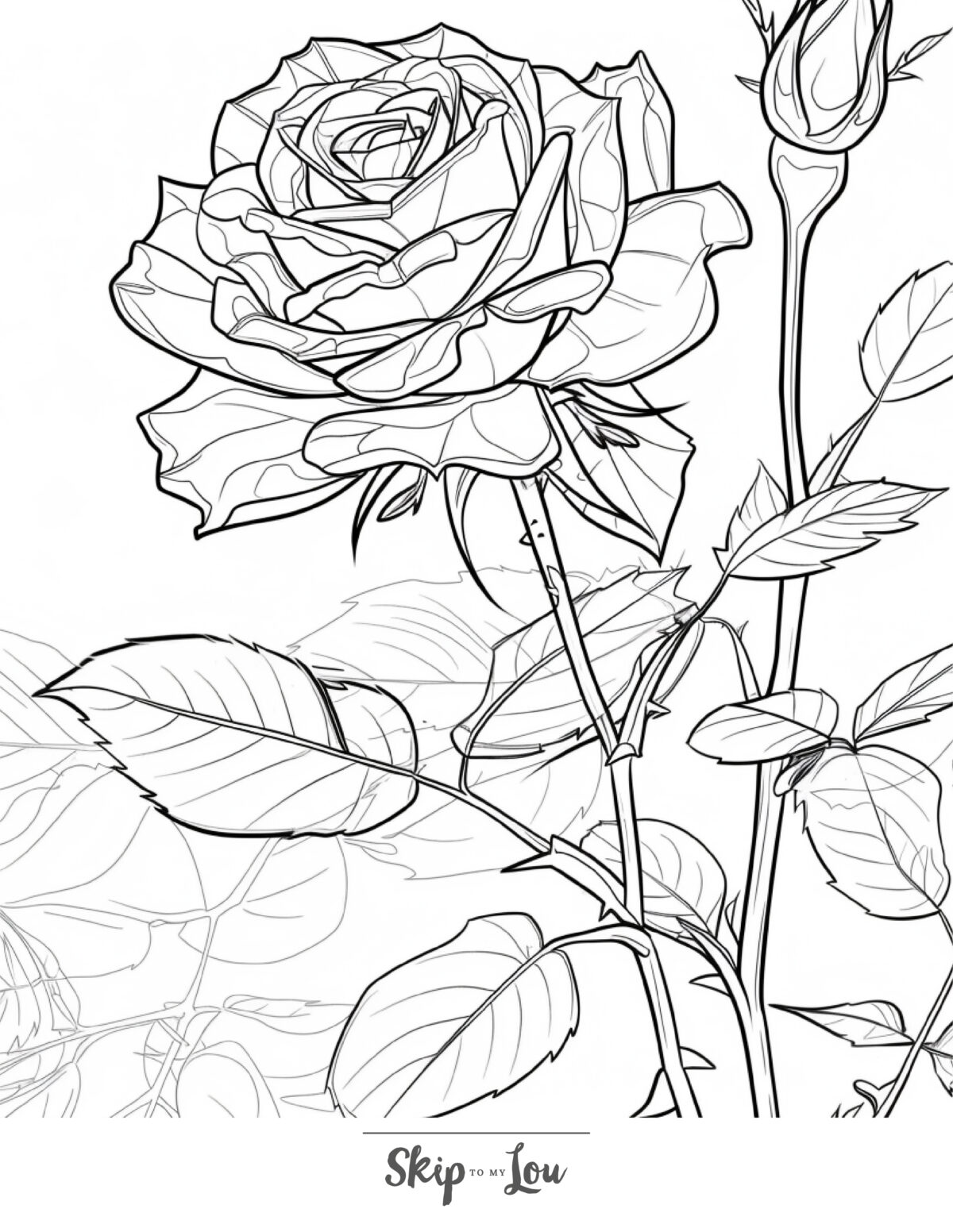 Skip to my Lou - Garden Coloring Pages - Detailed line picture of a single rose with leaves and thorns visible.