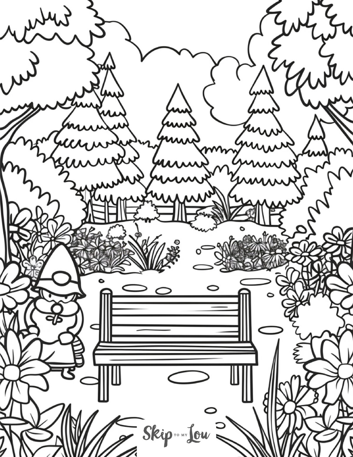 Skip to my Lou - Garden Coloring Pages - Line picture of garden scene featuring trees, flowers, a garden bench and a garden gnome.