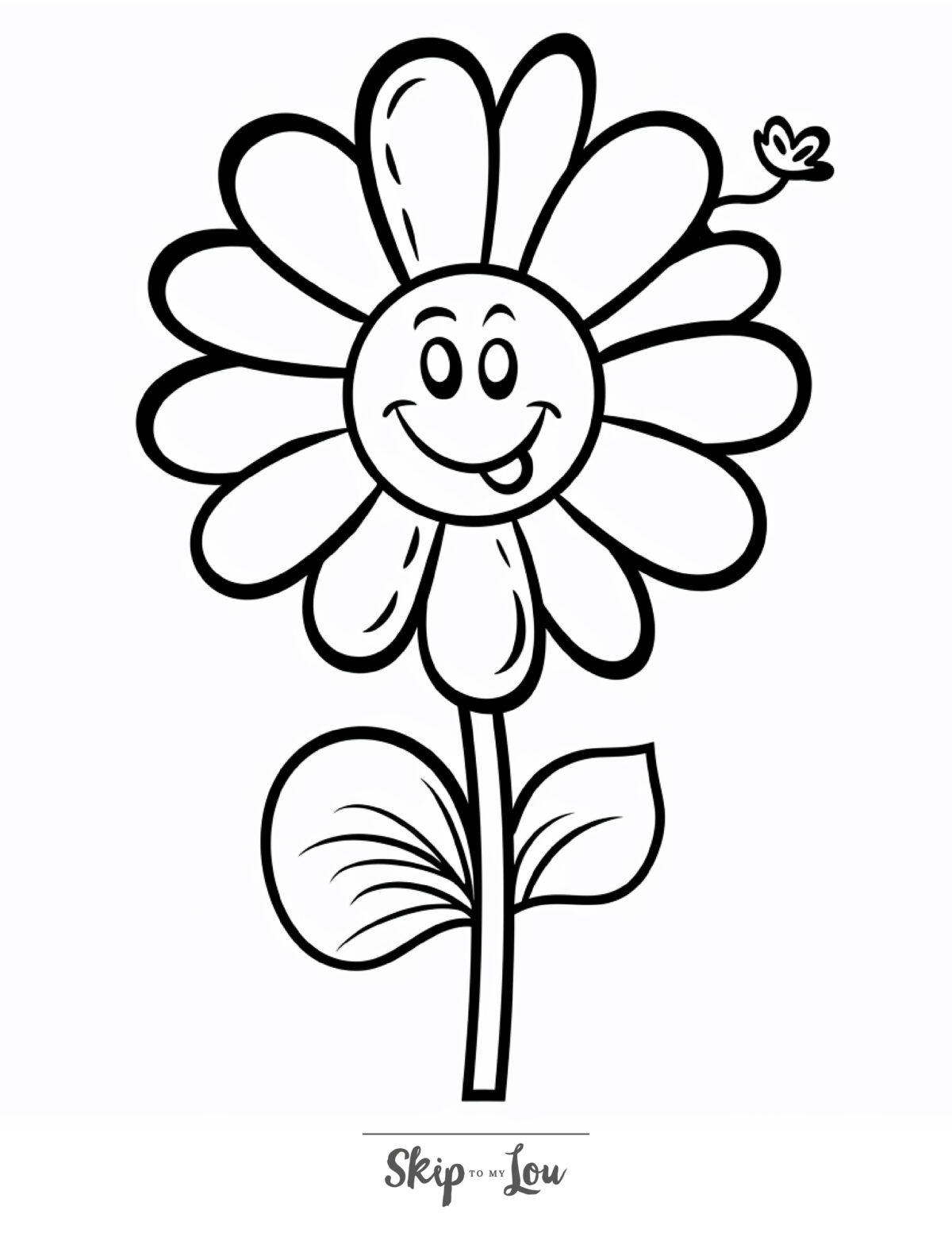 Skip to my Lou - Garden Coloring Pages - Line picture of a Daisy flower with eyes, mouth, and its smiling and sticking its tongue out.