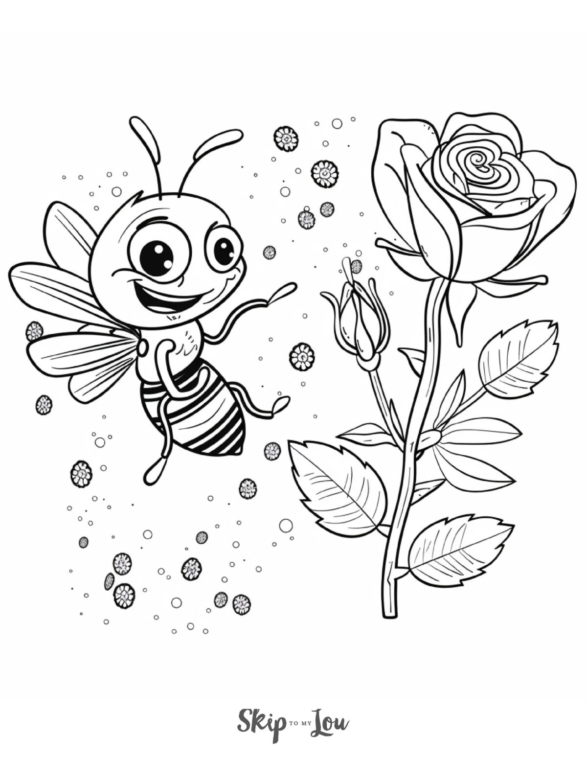 Skip to my Lou - Garden Coloring Pages - Line picture of a happy bee that's found the perfect flower.