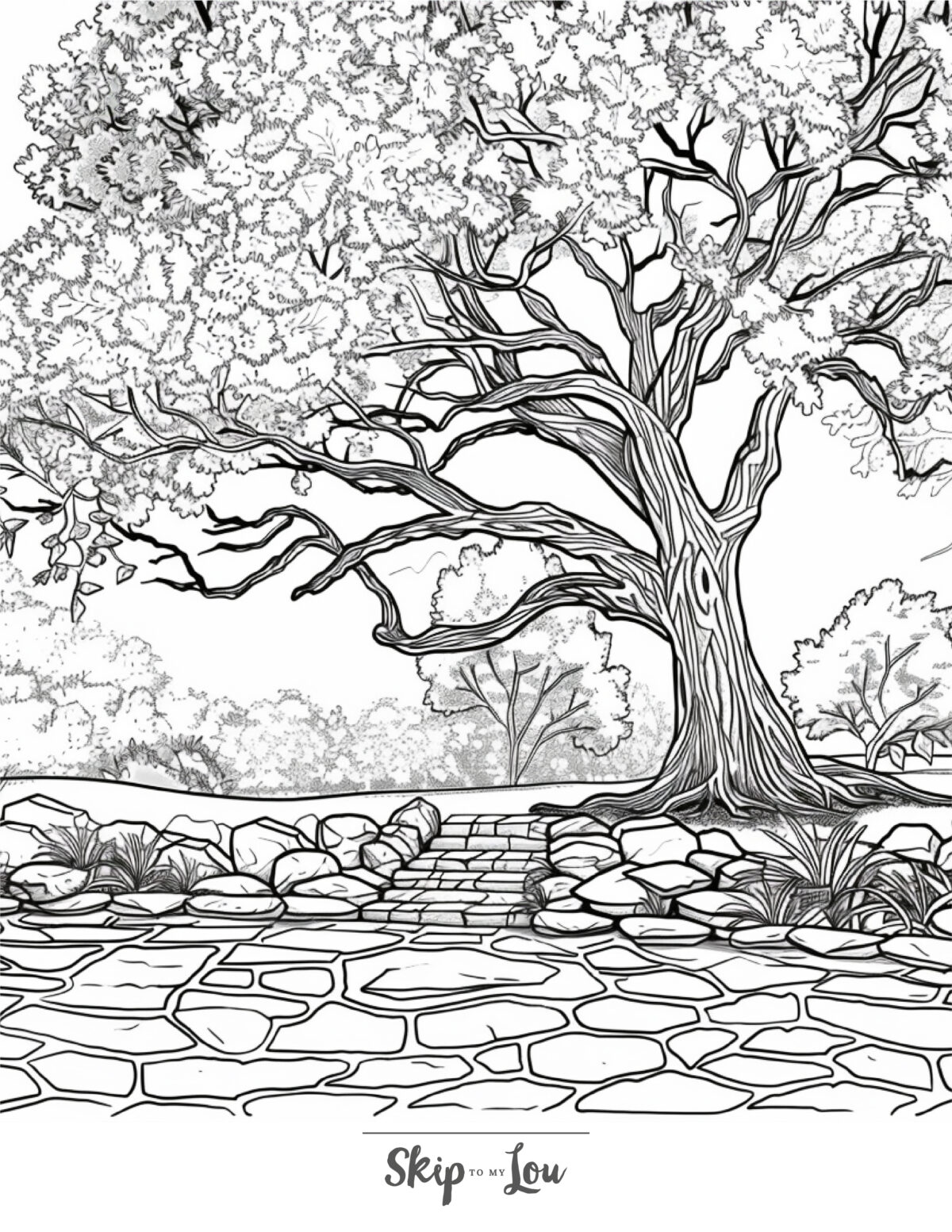 Skip to my Lou - Garden Coloring Pages - Line picture of an ancient oak tree in a garden with stairs between two different levels and a cobblestone path in the foreground.