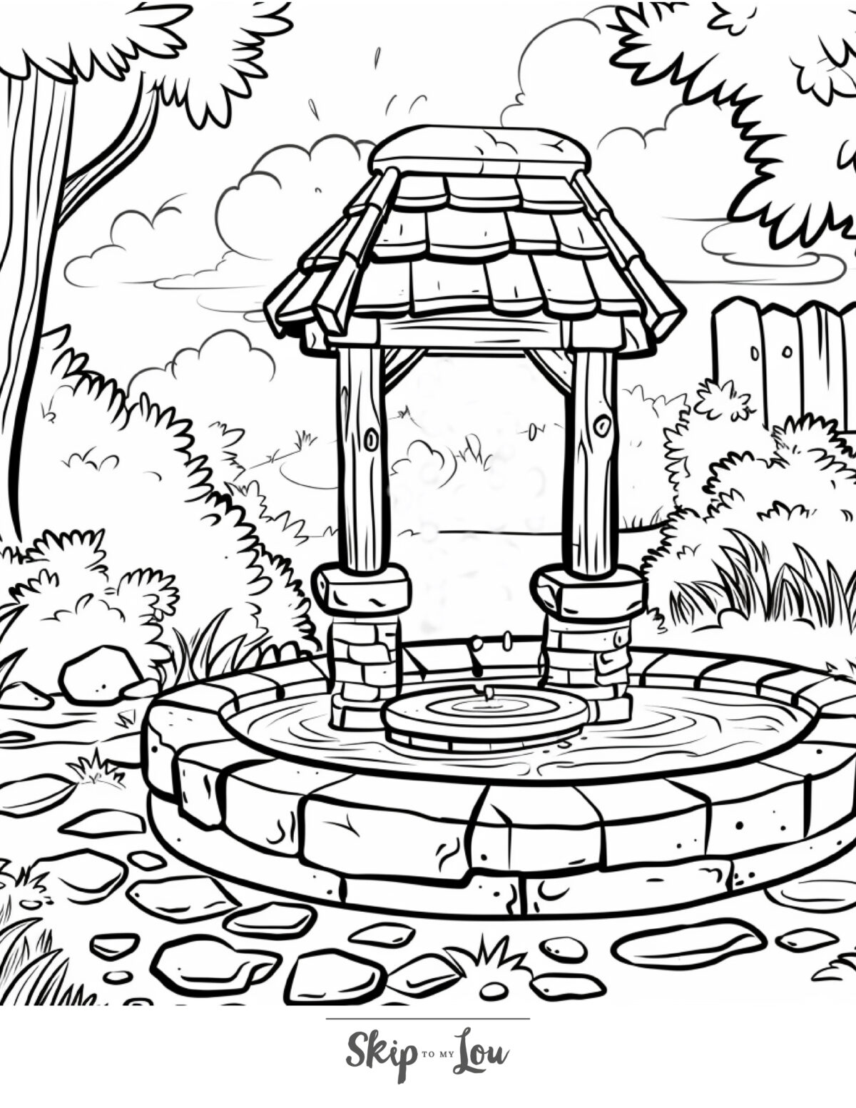 Skip to my Lou - Garden Coloring Pages - Line picture of a beautiful garden with trees, bushes, a fence and a magnificent wishing well.