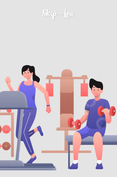 Image shows a woman running in a treadmill and a man lifting weights in a gym, both wearing purple clothes.
