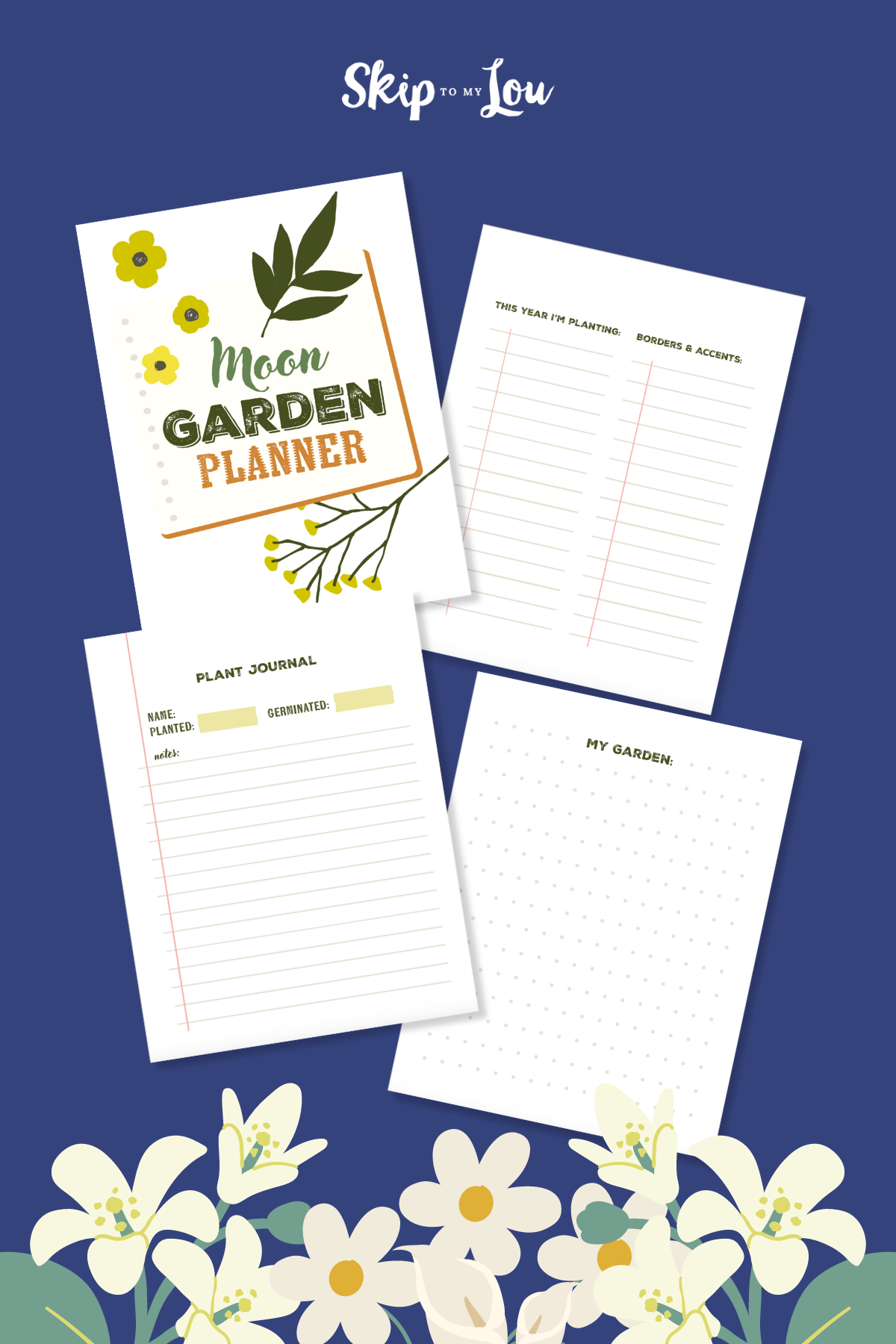 Moon garden flowers and planner from Skip to my Lou on a dark blue background.