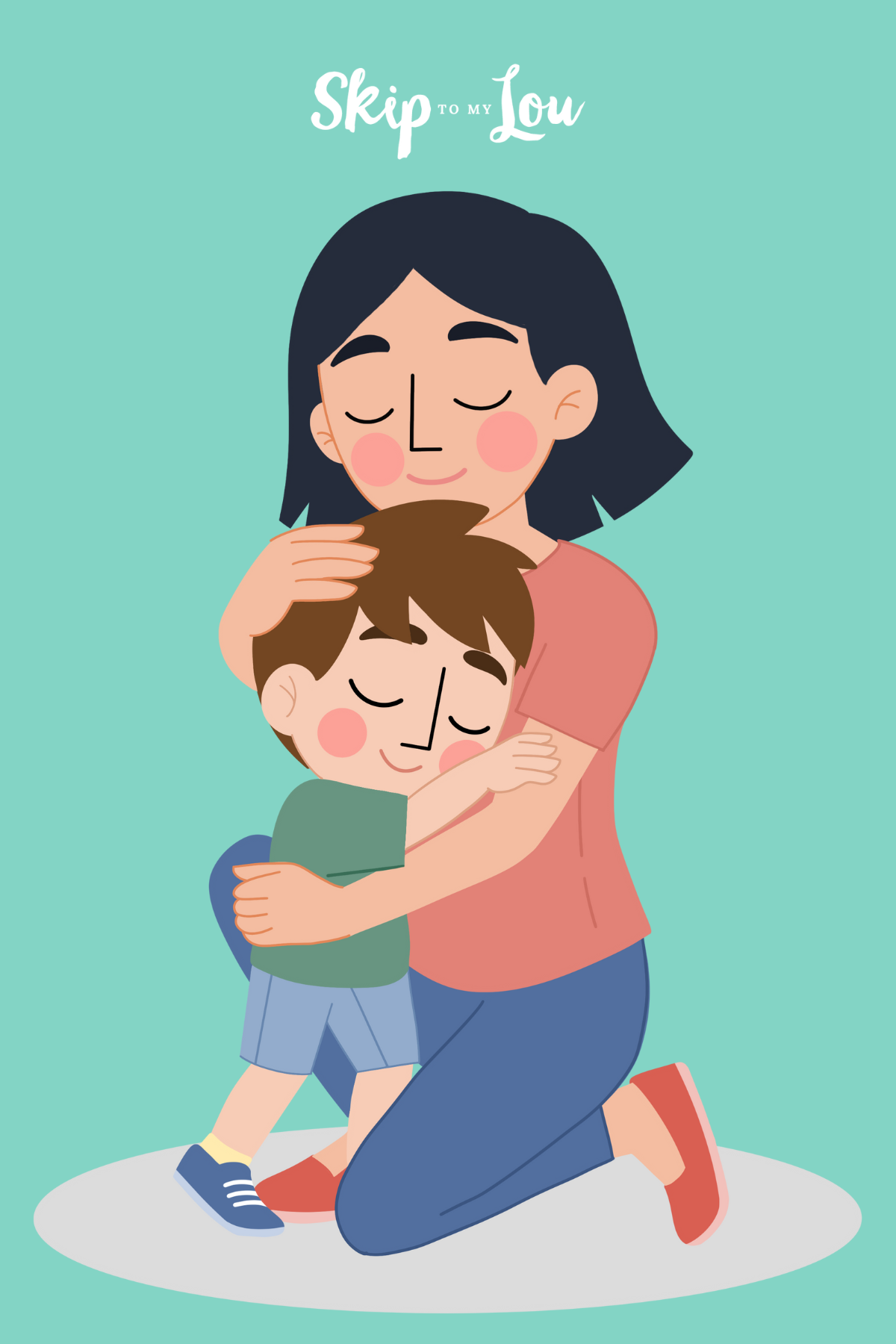 Cartoon of a mom hugging her son as part of Skip to My Lou's 88 mother/son quotes.