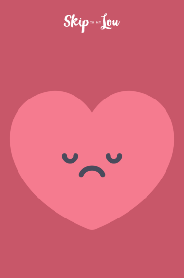 Image shows an image of a simple heart with sad eyes, over a red background