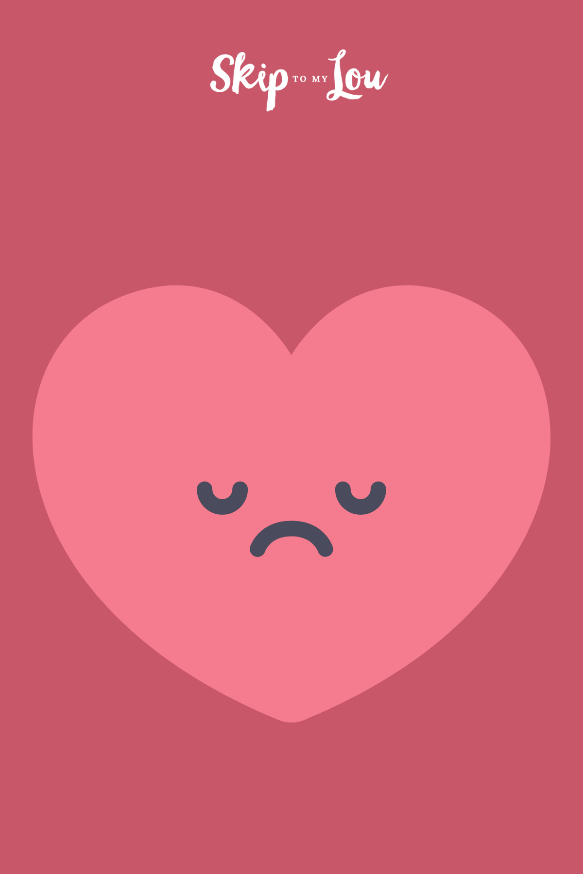 Image shows an image of a simple heart with sad eyes, over a red background 