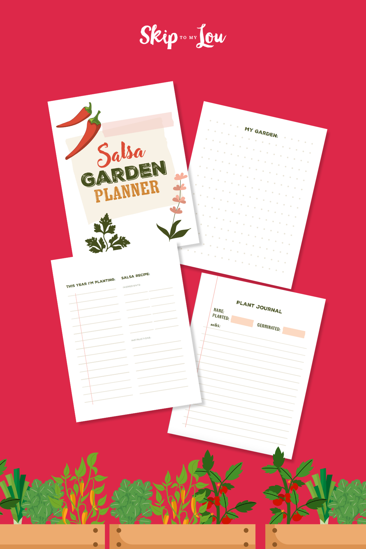 Four pages from a Salsa Garden planner on a red background with planter pots filled with salsa vegetables like celery, chillies, and herbs. 