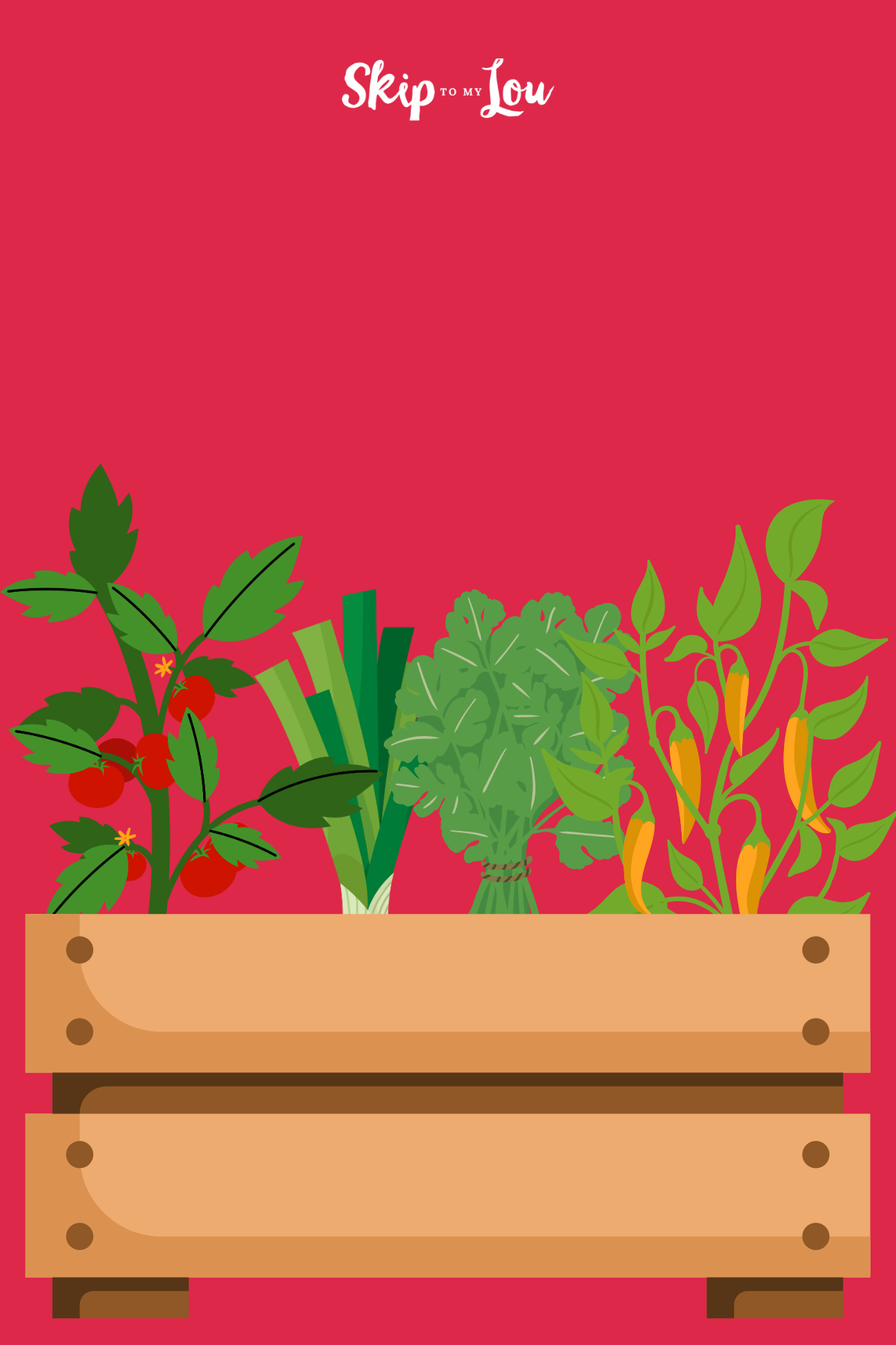Planter box on a red background with a range ingredients needed for salsa including chilies, celery, herbs, and tomato. 