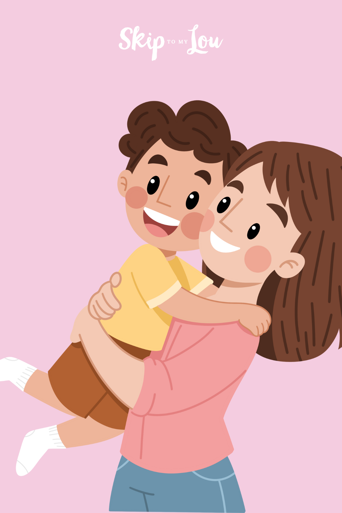 Image shows a picture of a mother holding her son, both smiling at each other, over a pink background.