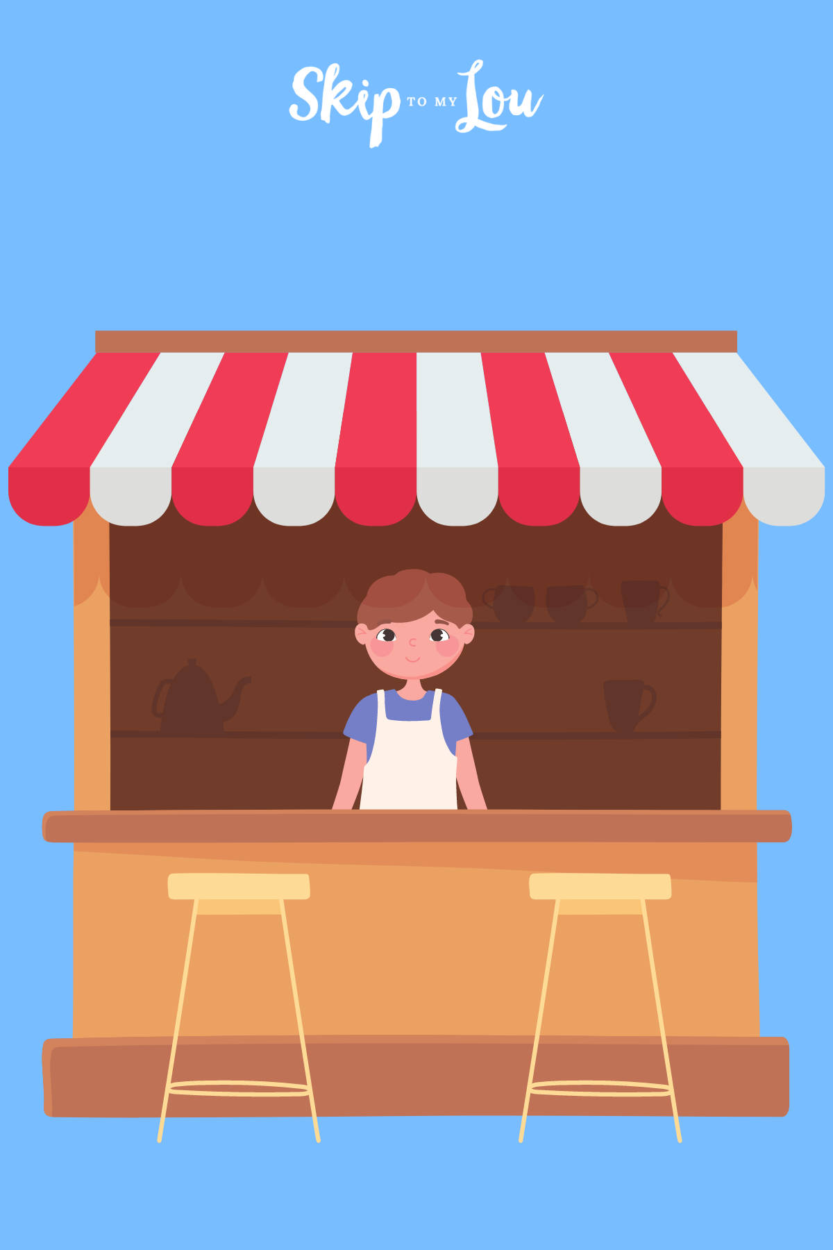 Cartoon of a person working in a small restaurant, with two chairs outside the bar. 
