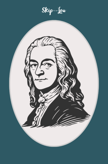 image shows a black and white drawing of Voltaire surrounded by a white oval and on top of a dark green background.