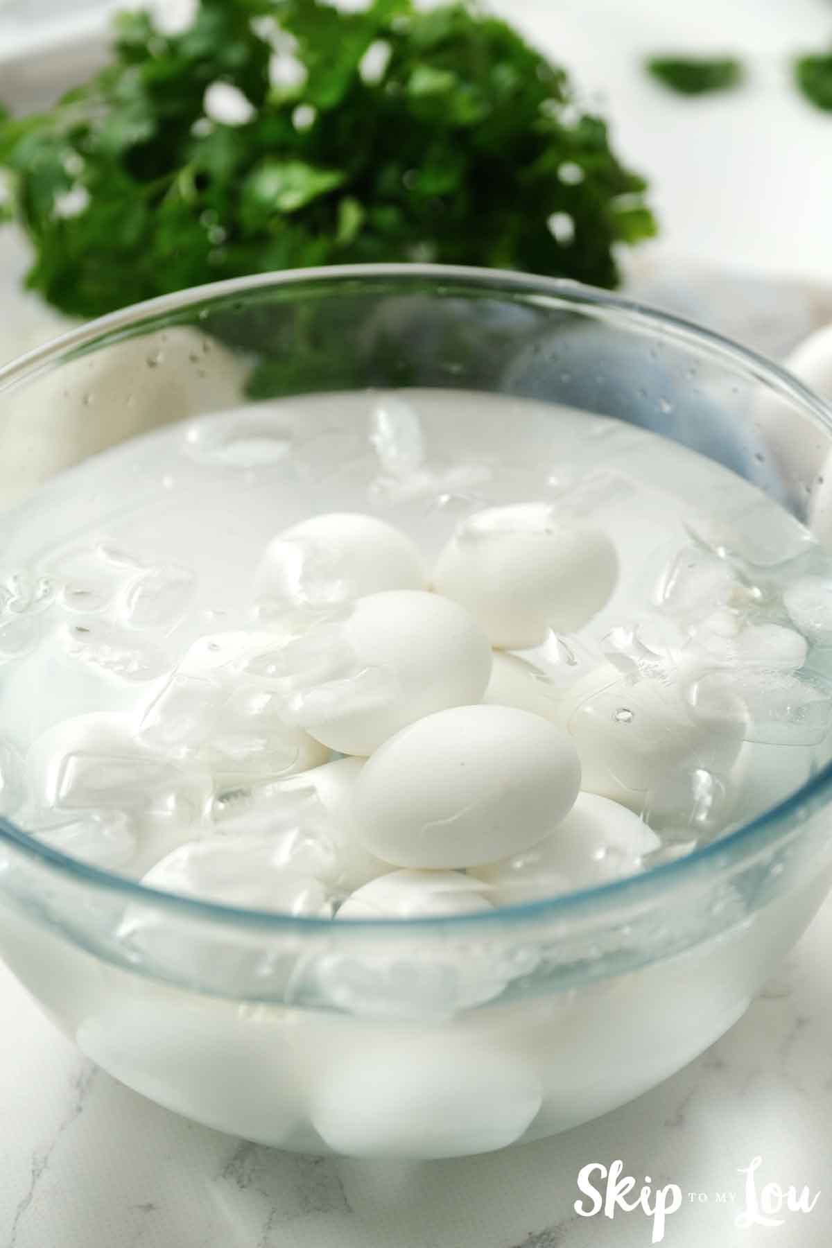 boiled eggs in bowl of ice water