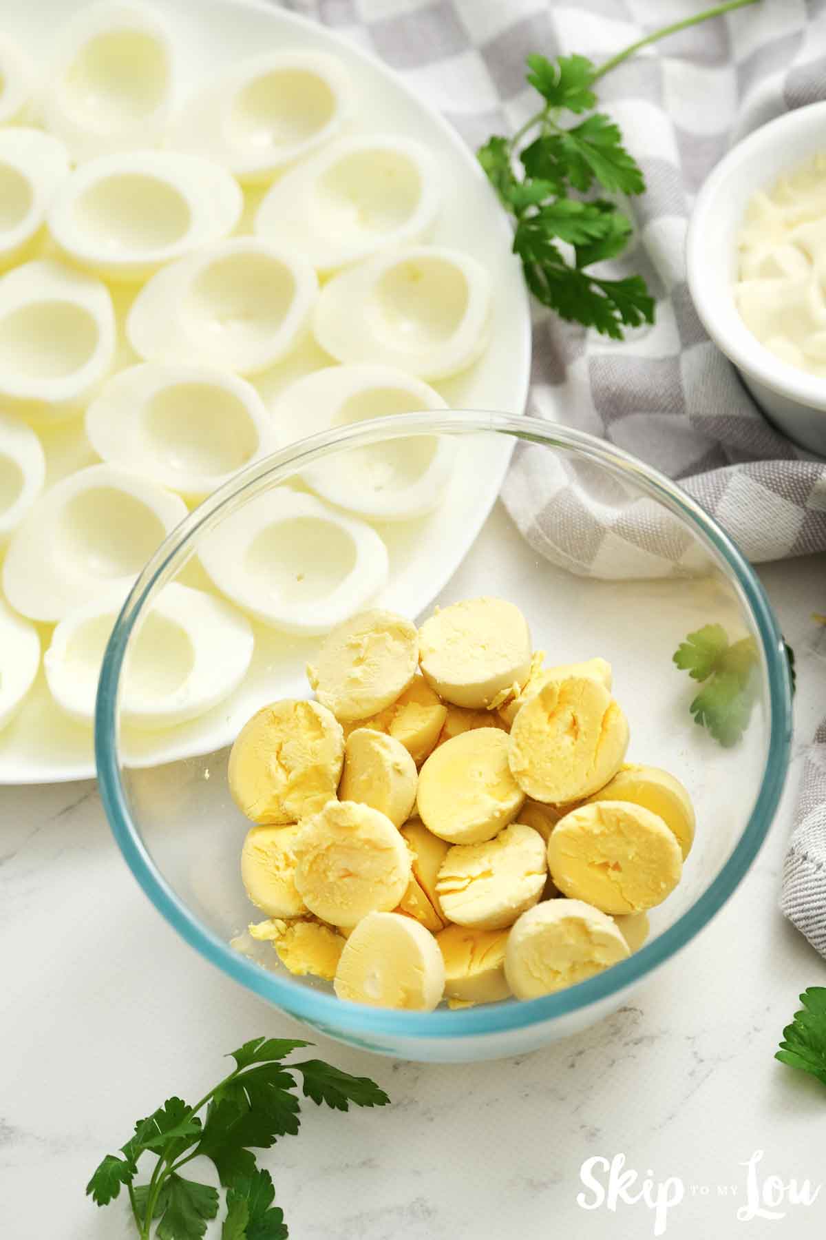 hard boiled yolks in a glass bowl