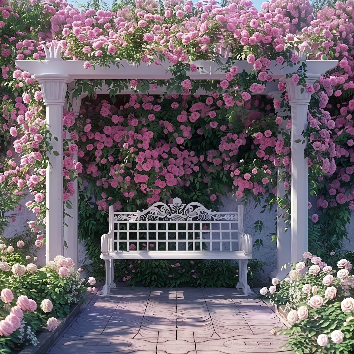 white bench under a trellis in a pink rose garden filled with pink rose blooms