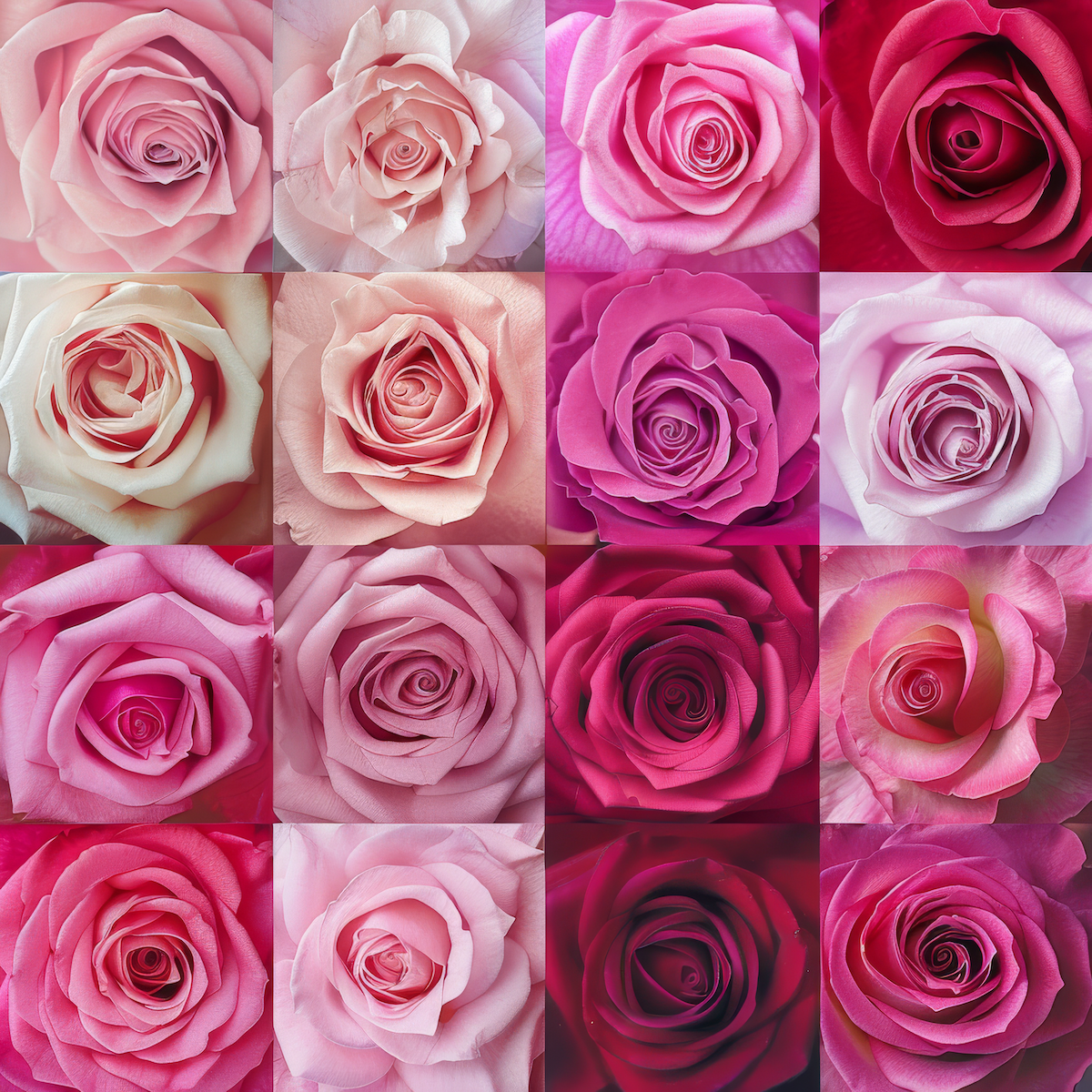 collage of 16 different shades of pink roses perfect for a rose garden