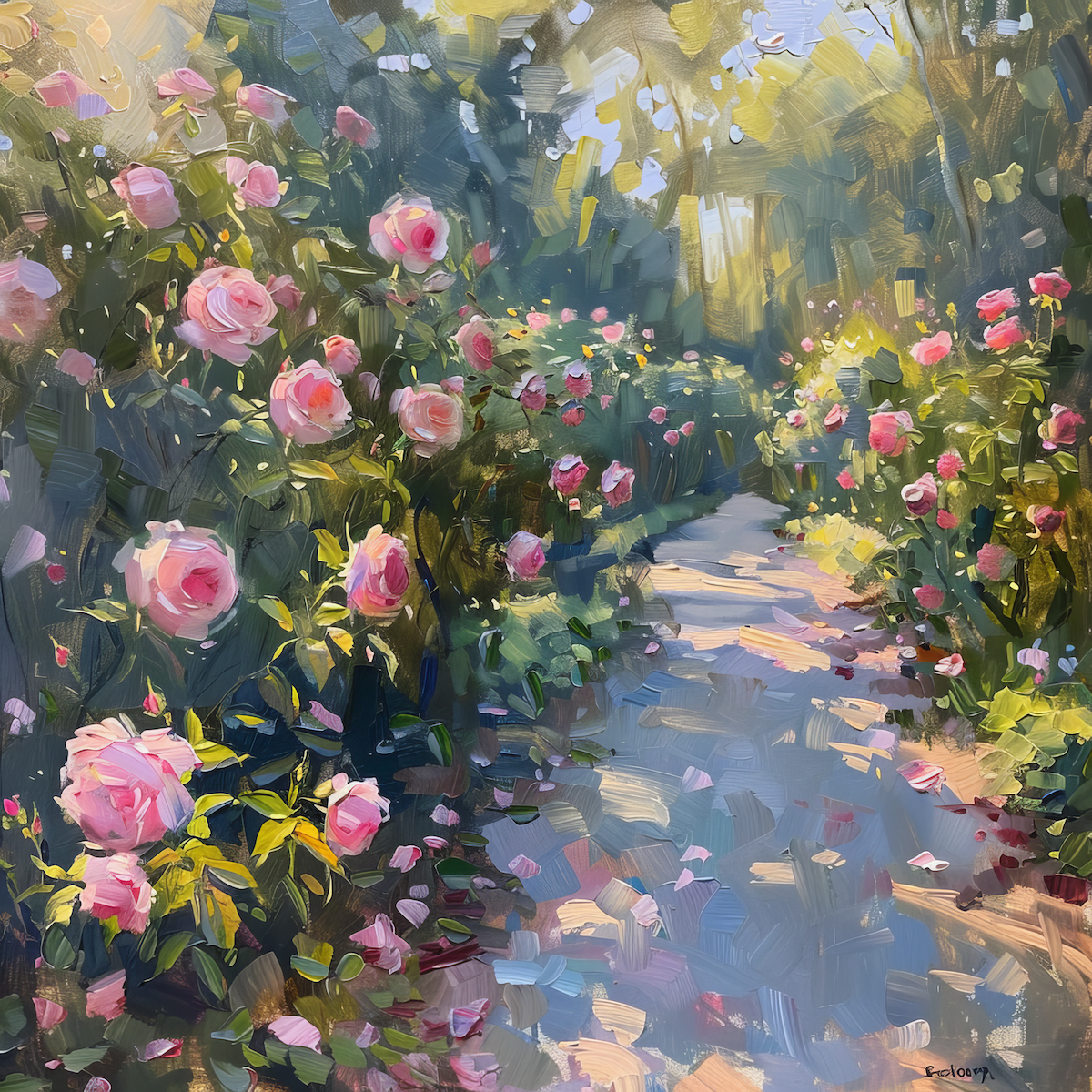 painting of a path through a pink rose garden