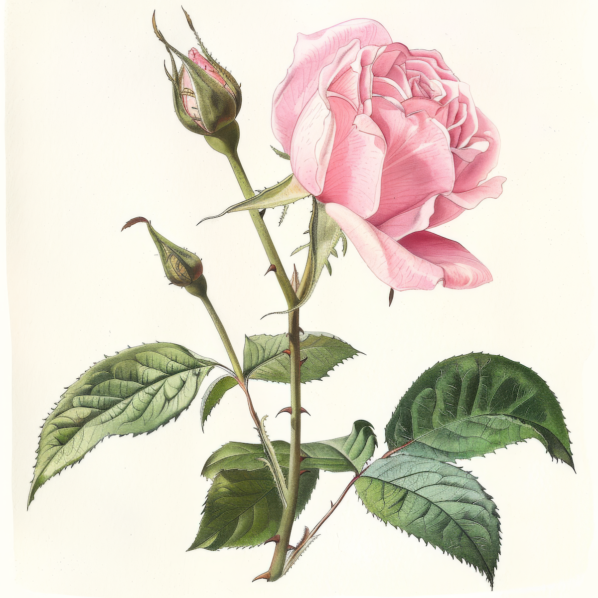 botanical watercolor of a pink rose perfect for a pink rose garden