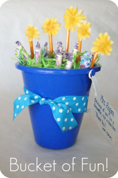 bucket filled with flowers dum dums and smarties for teacher gift