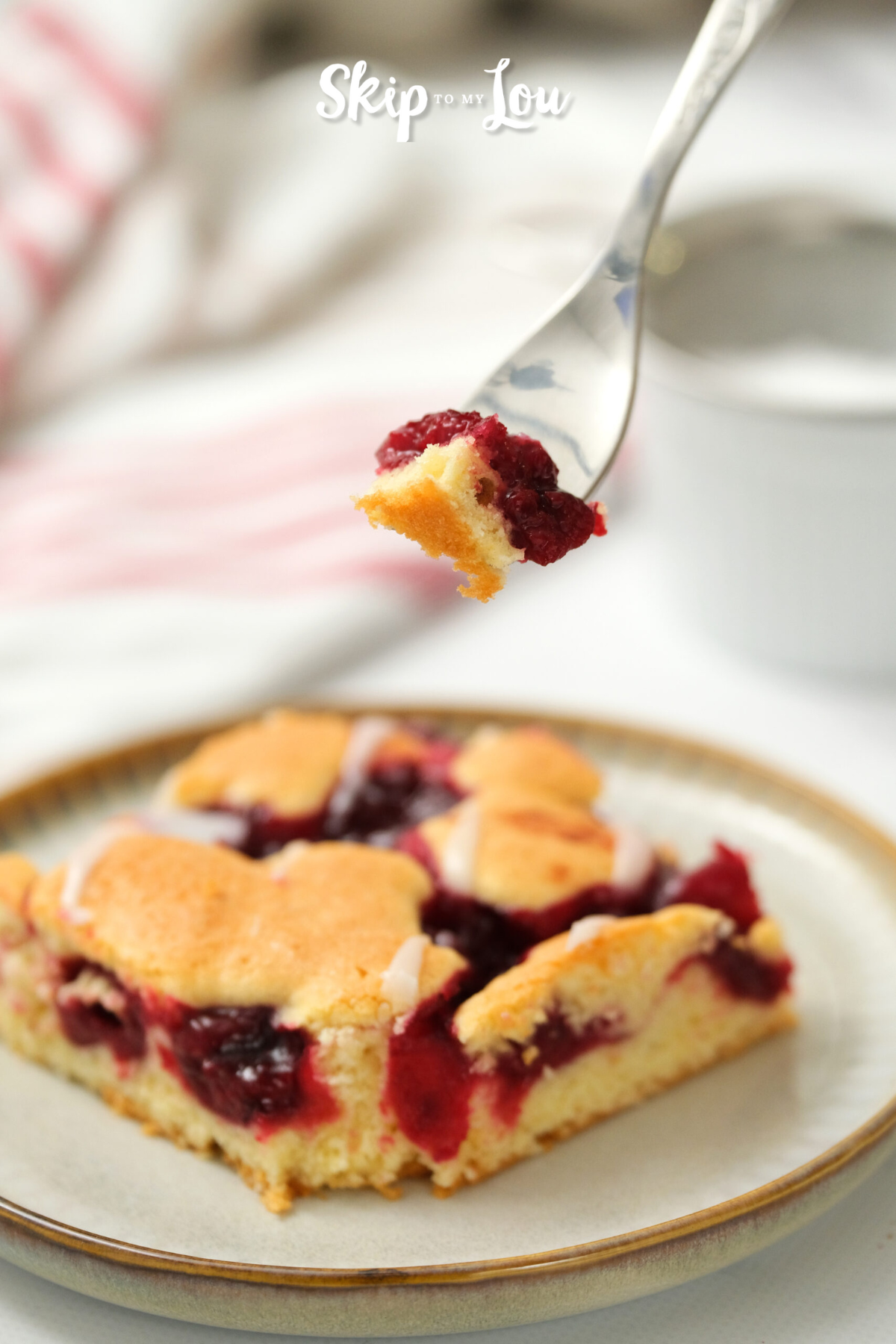 A coffee cherry cake on a white plate from Skip to My Lou
