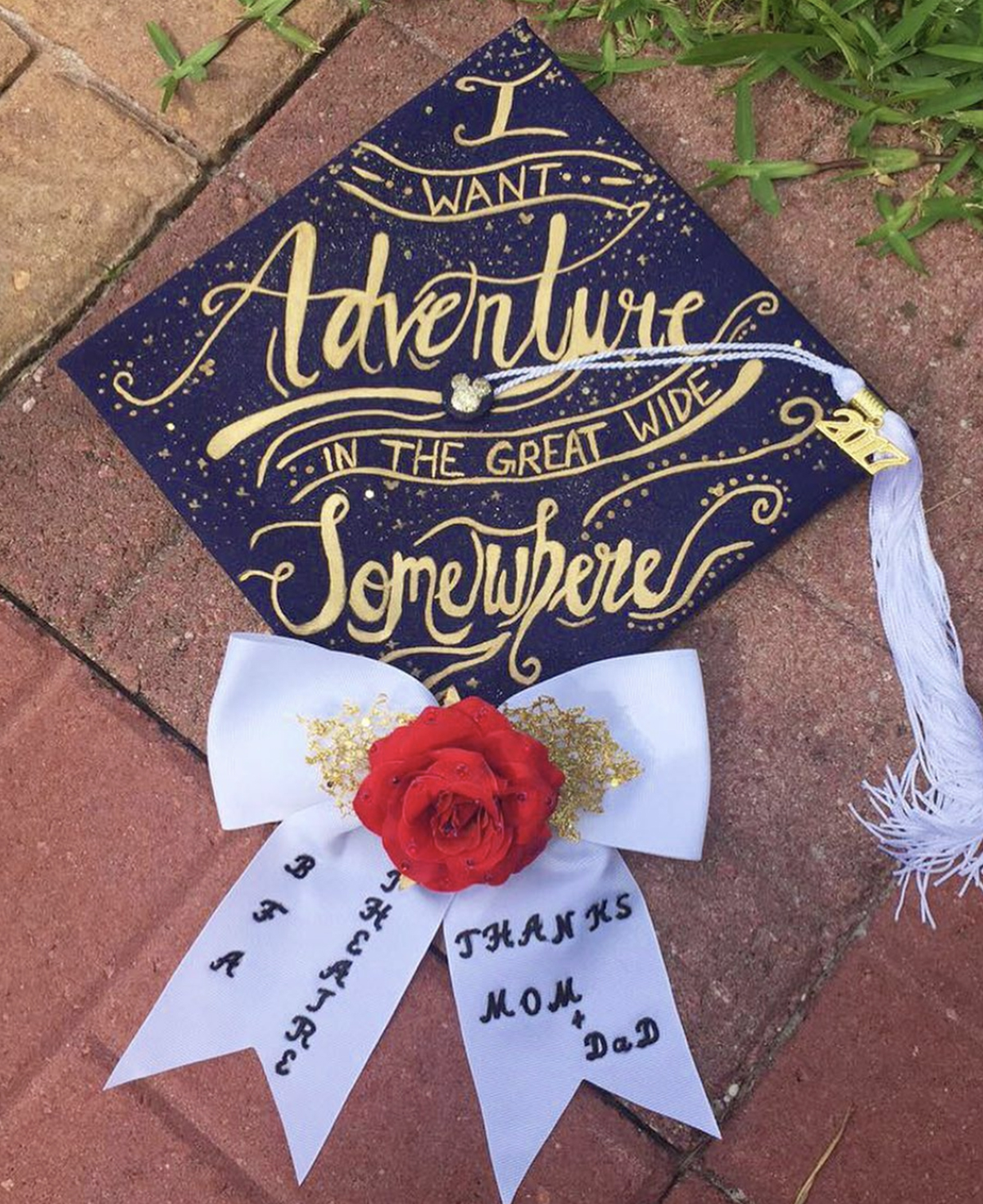 Graduation cap with a white bow, a red rose and quote that says "I want adventure in the great wide somewhere"