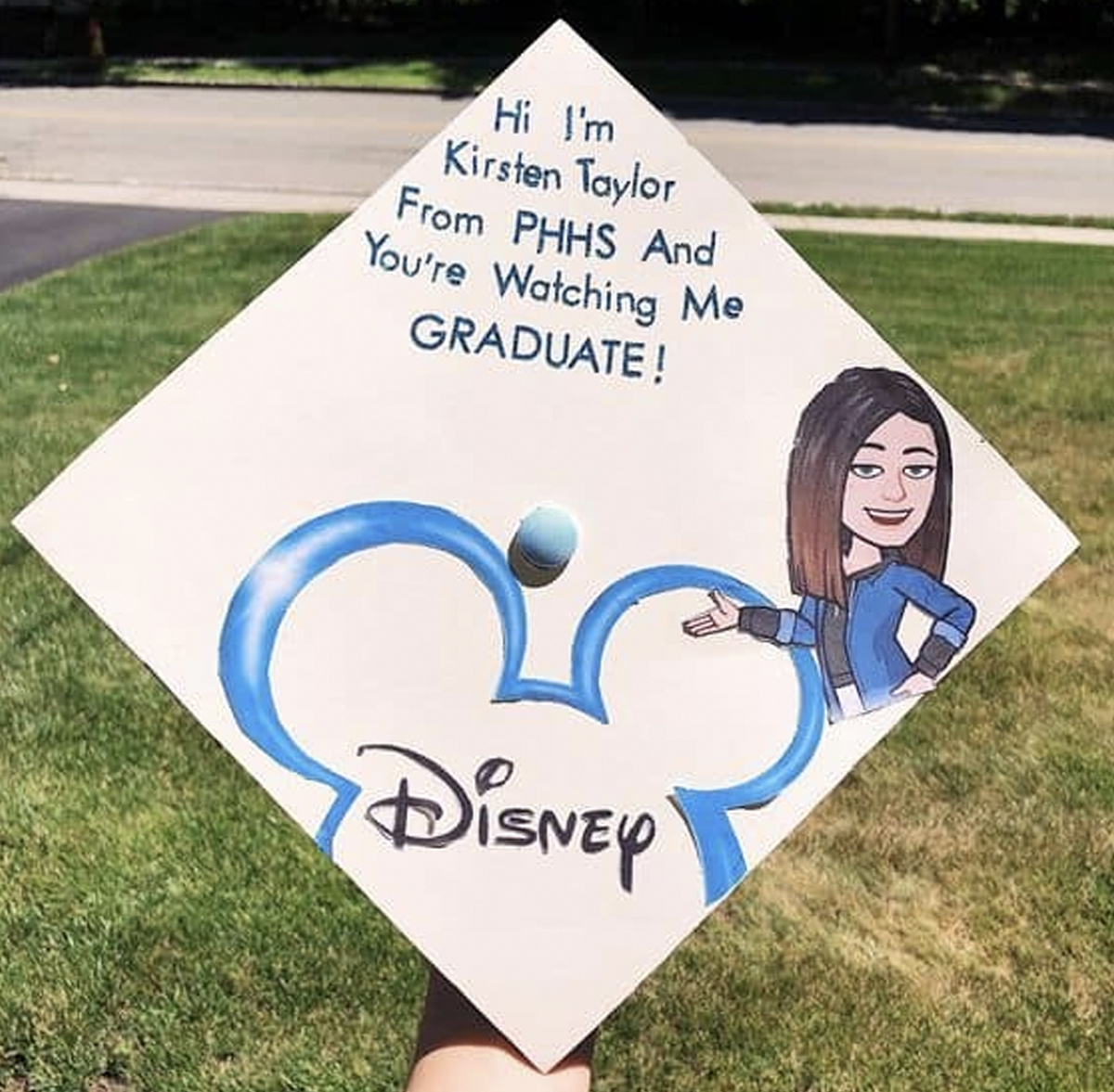 Trendy graduation cap witth a disney channel design and quote that says "Hi, I'm Kristan Taylor from pHHS and you're watching me GRADUATE"