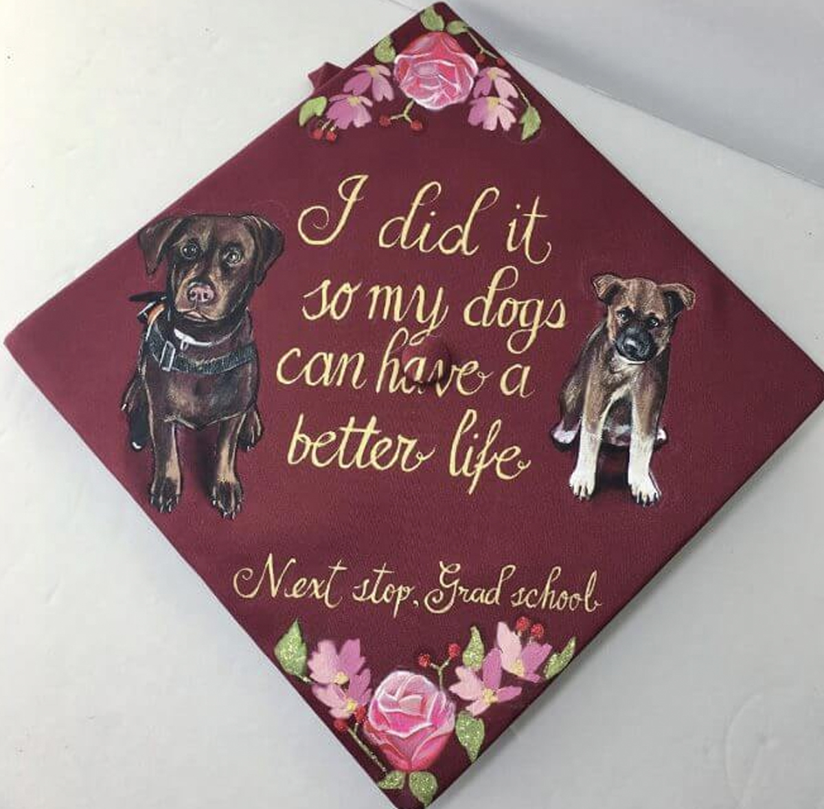 Dark red graduation cap with the quote "I did it so my dogs can have a better life" and two pictures of dogs