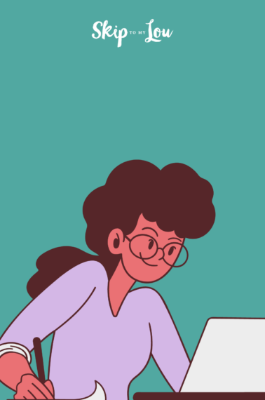 Cartoon of a young woman working on her laptop and looking decisive and happy