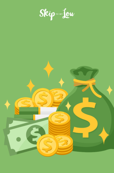 Image shows a drawing of a bag of coins and dollar bills on top of a green background.