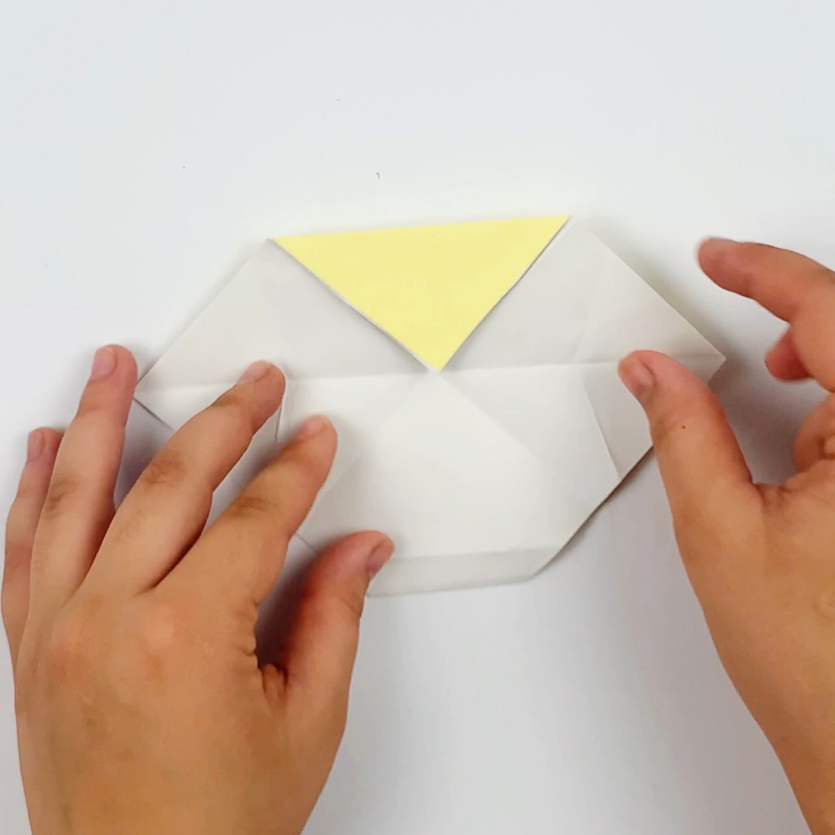 The paper is flipped over and the bottom point is folded and then flipped back over.